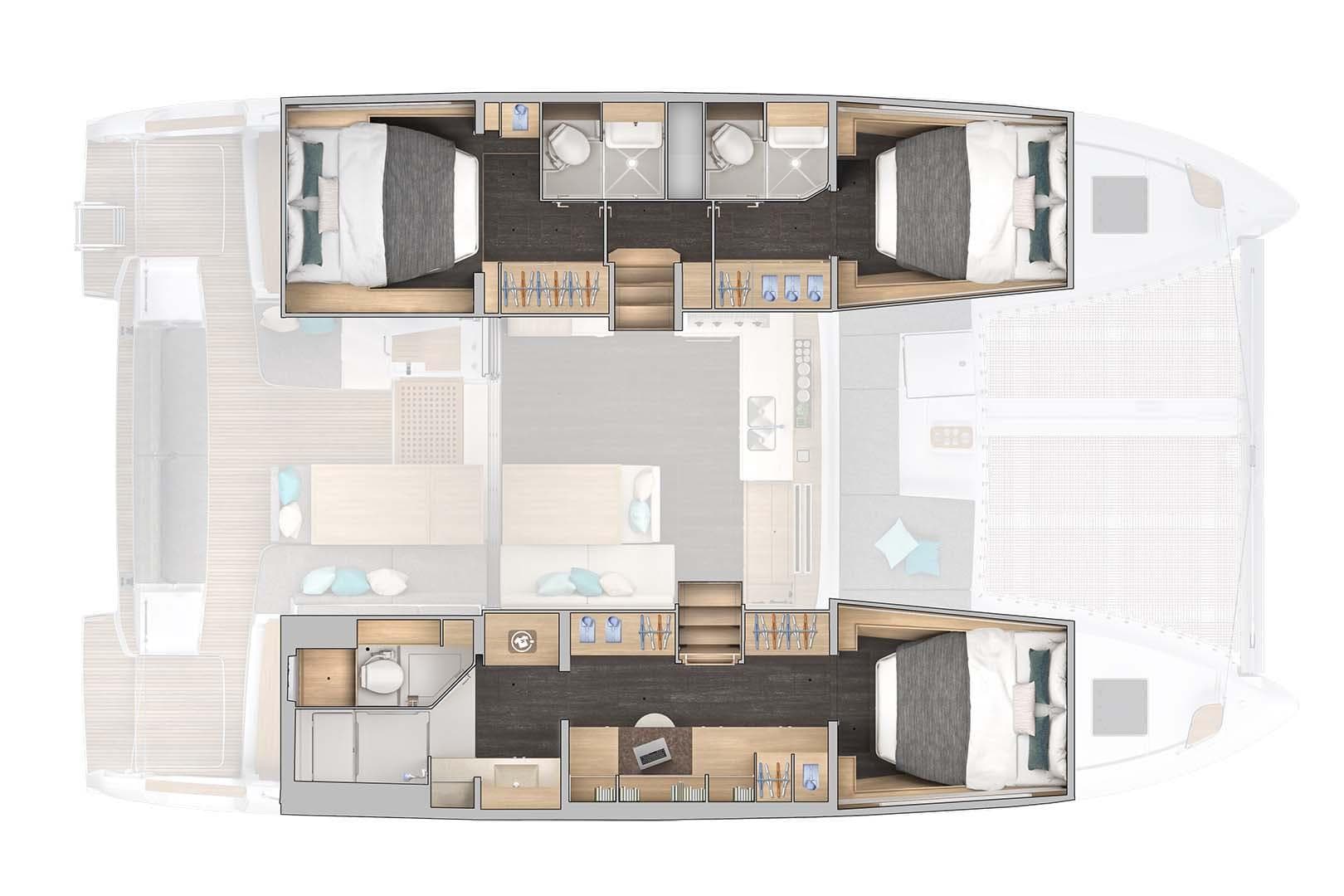 Manufacturer Provided Image: 2025 Lagoon 43 yacht interior layout with bedrooms, bathrooms, and living area.