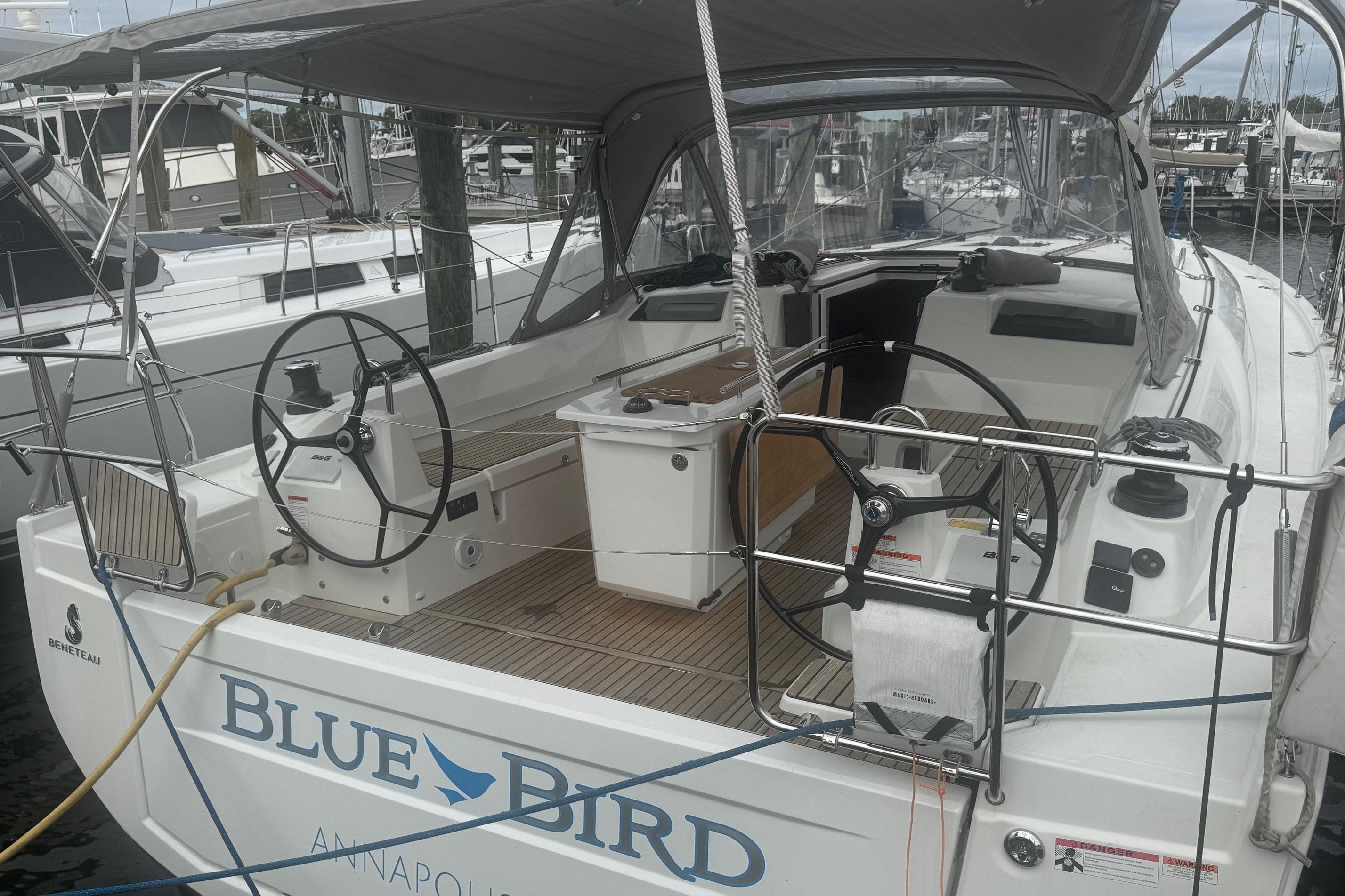 2022 Beneteau Oceanis 40.1 sailboat "Blue Bird" docked in Annapolis marina.