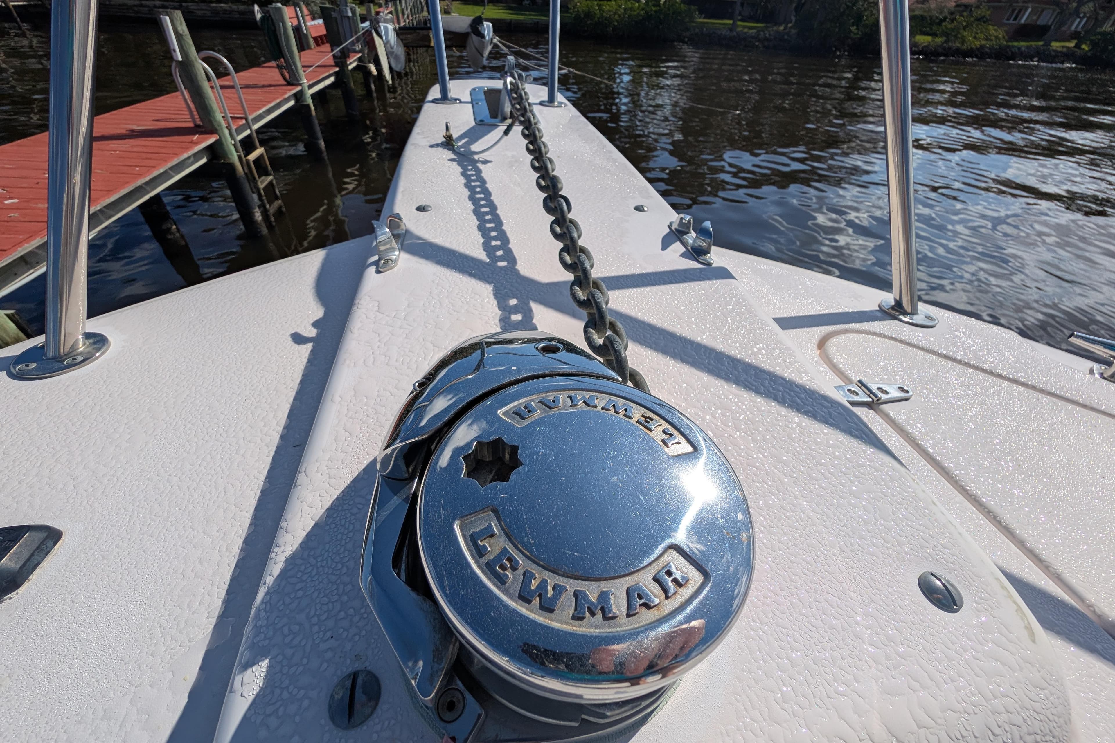 2010 Grady-White Express 330 boat deck with Lewmar anchor winch.