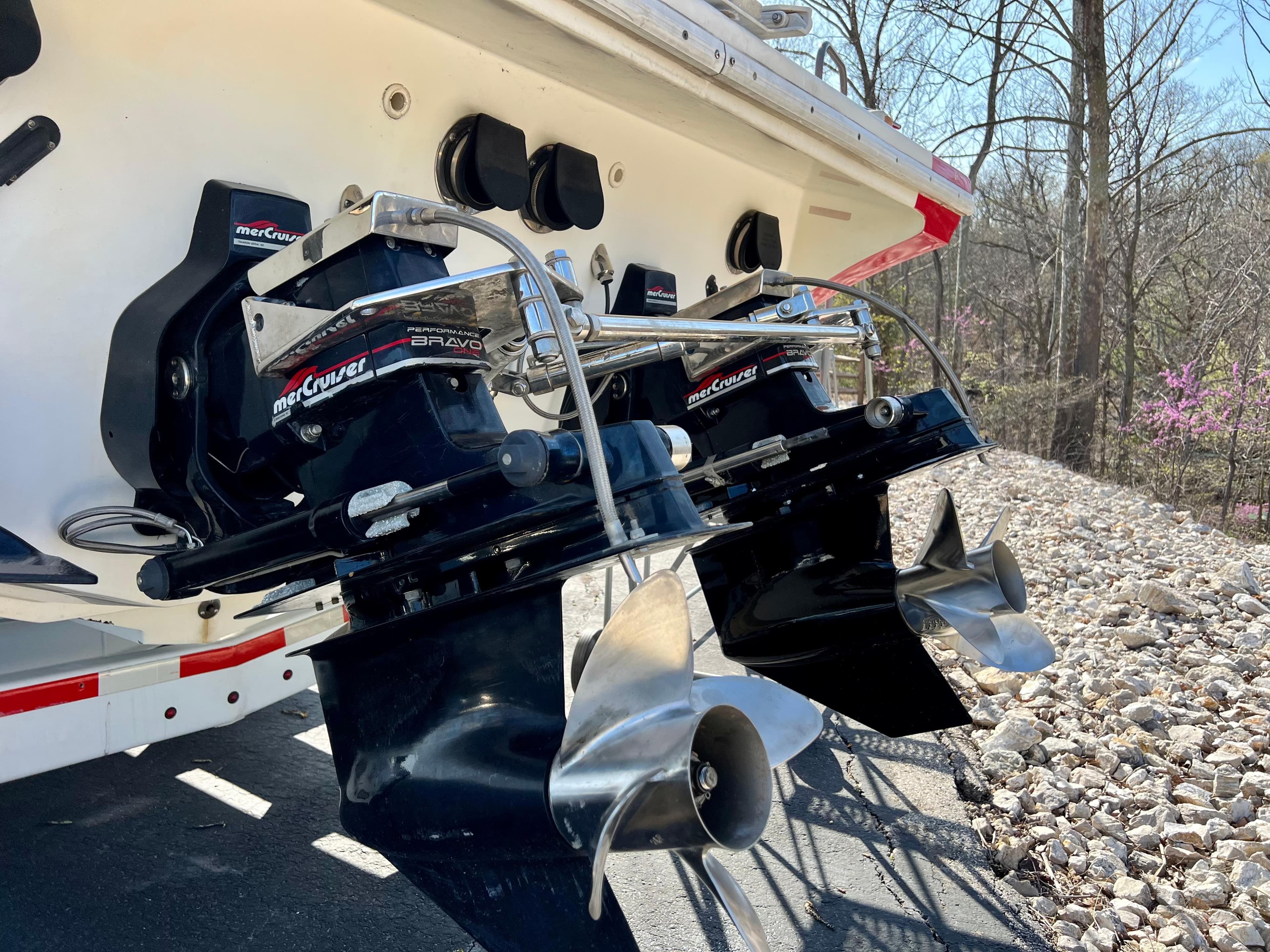 1999 Black Thunder 430 Flat Deck boat with dual MerCruiser Bravo One outdrives.