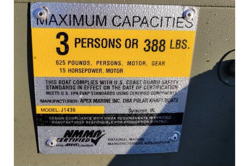 2024 Polar Kraft 1436 Jon Boat capacity label, 3 persons or 388 lbs, NMMA certified.