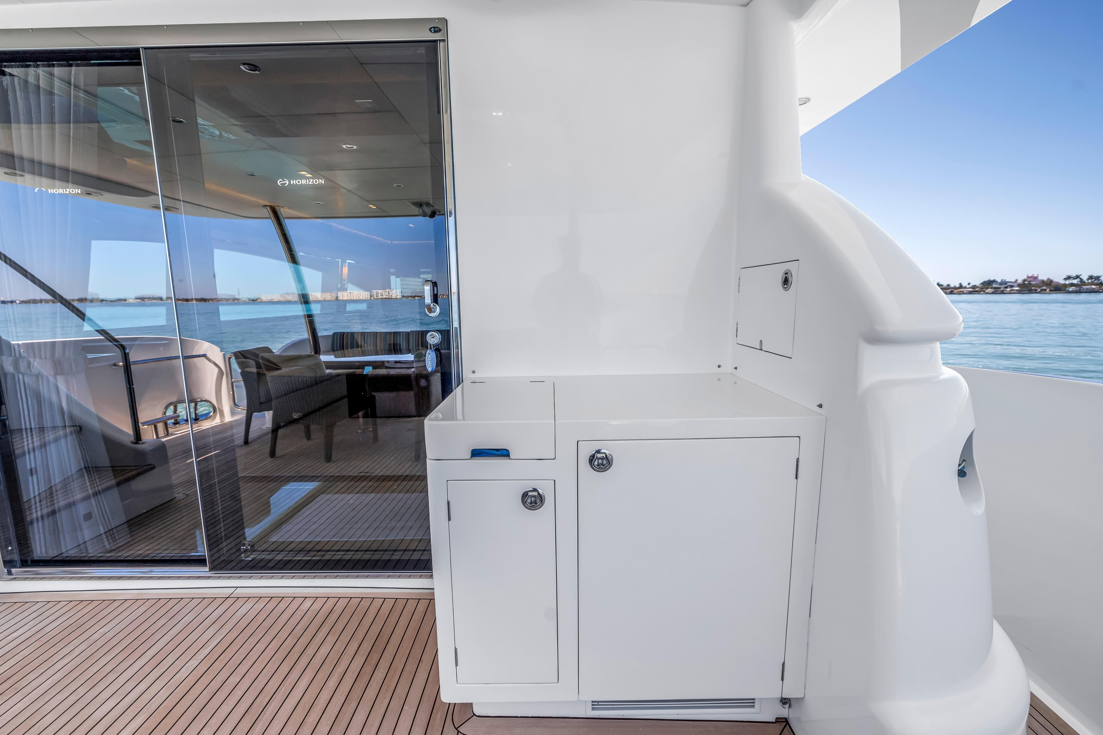 Luxury Horizon E88 yacht deck with sleek design and ocean view, 2015 model.
