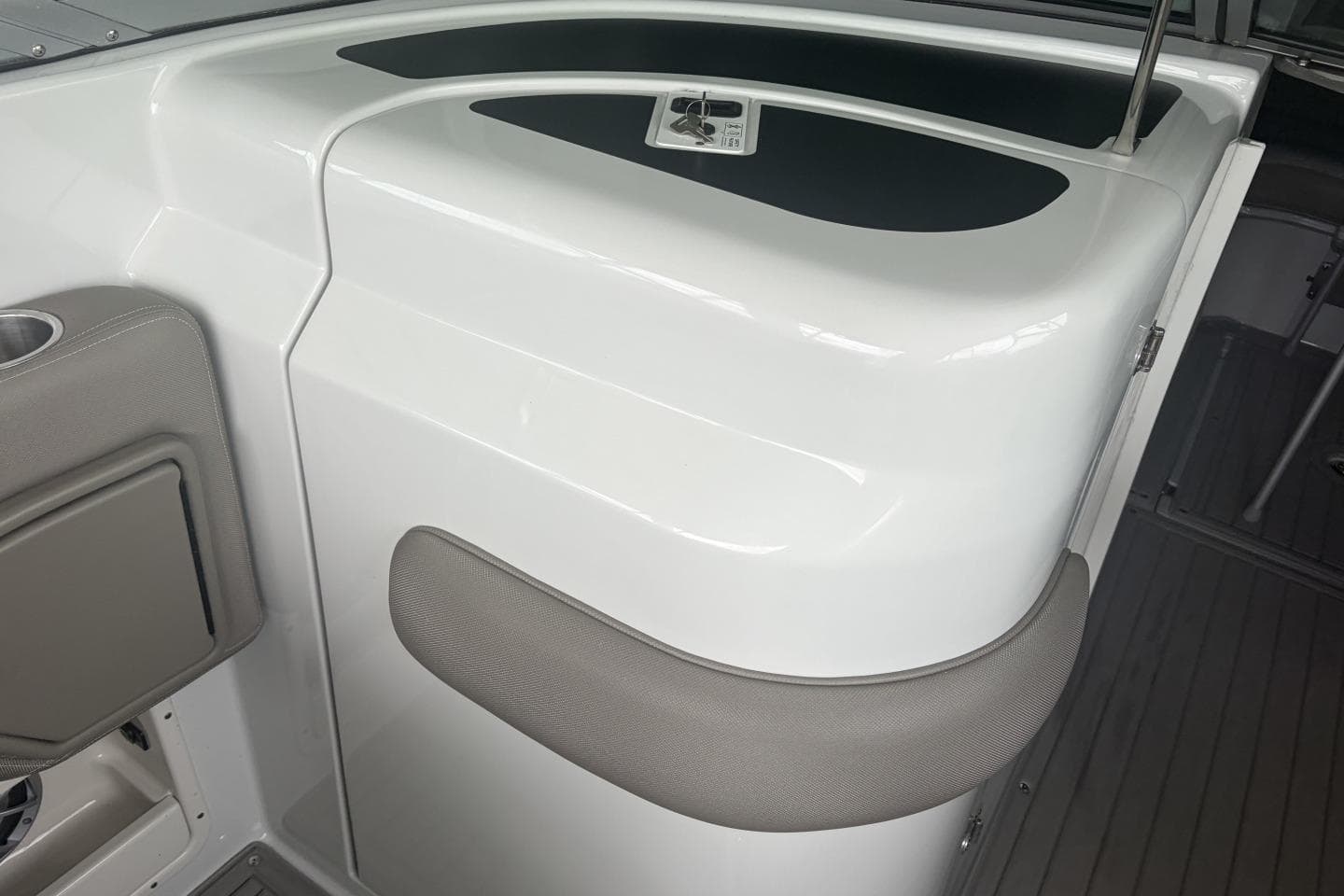 2018 Crownline Eclipse E30 boat interior with sleek white and gray design.