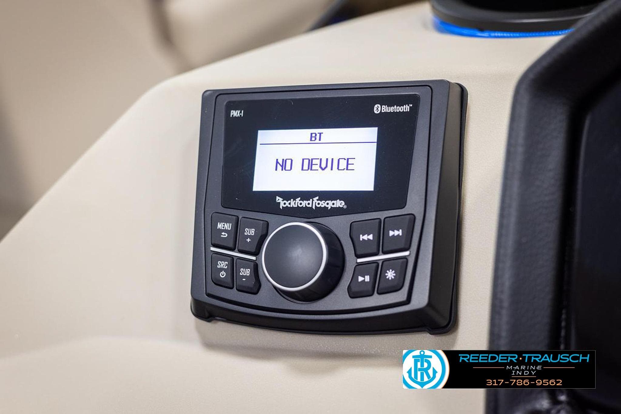 Rockford Fosgate Bluetooth stereo on 2026 Bennington 168 SLJ boat dashboard.