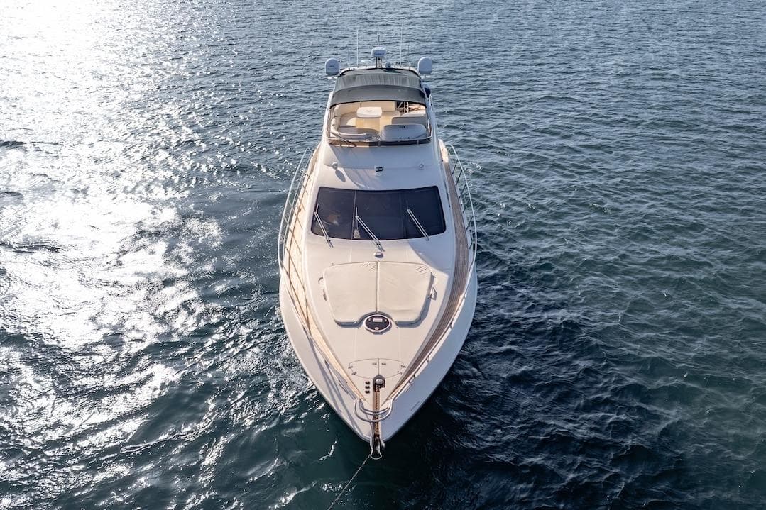 2007 Azimut 62 Evolution yacht on open water, aerial view.
