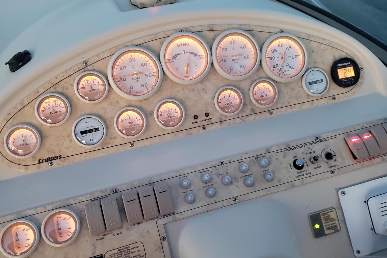 1998 Cruisers 2870 Rogue dashboard with illuminated gauges and controls.