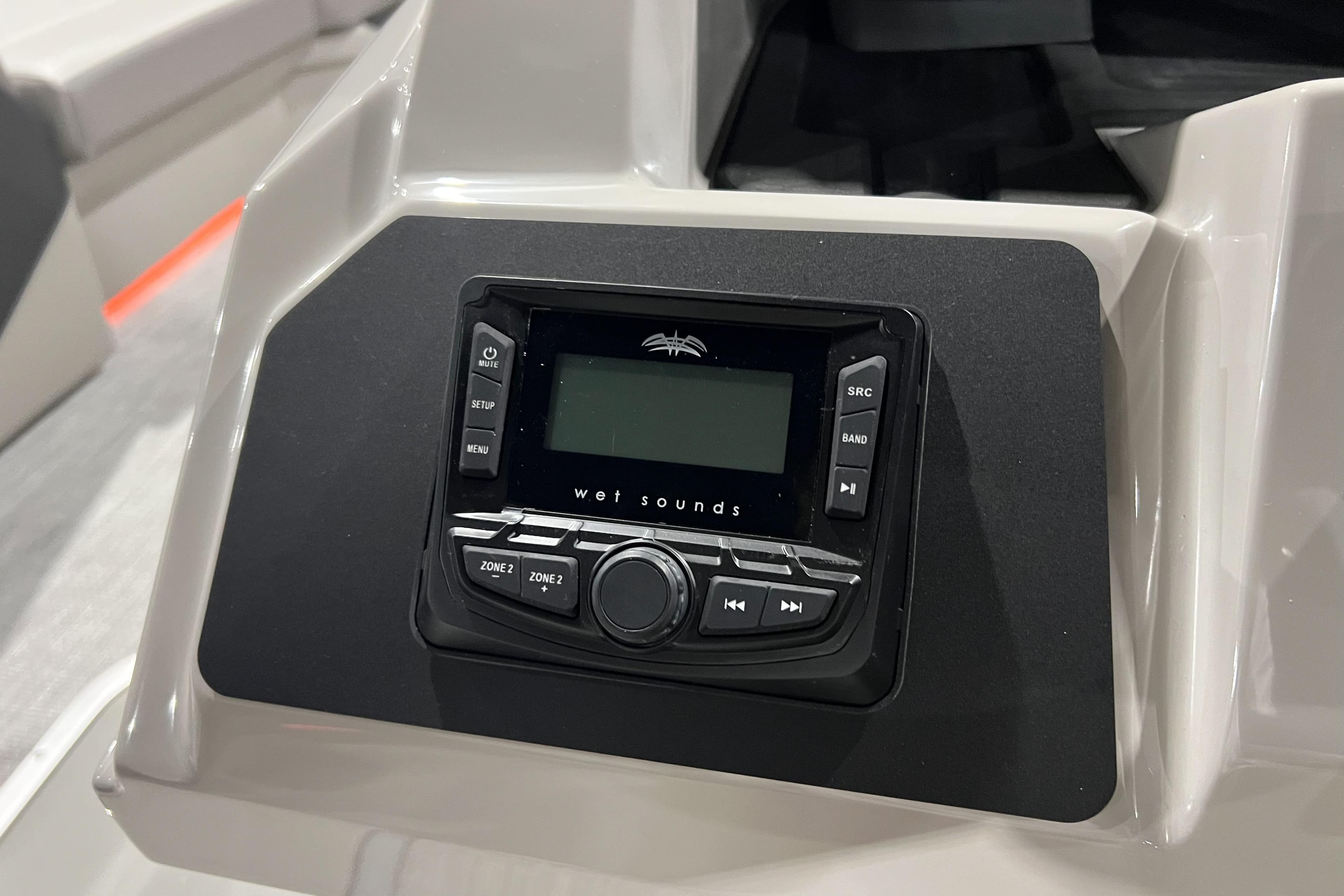 Control panel of 2026 Alera A22Q boat featuring Wet Sounds audio system.