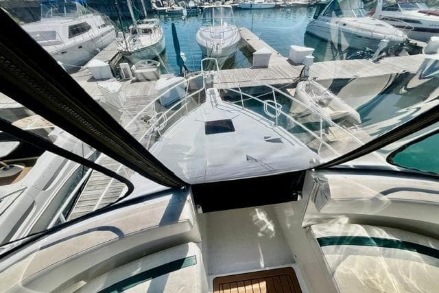 1995 Mainship 37 Motor Yacht docked at marina, view from helm, surrounded by boats.