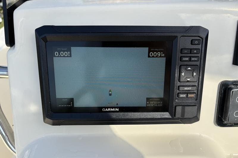 Garmin navigation display on 2026 Scout 188 Sportfish boat dashboard.