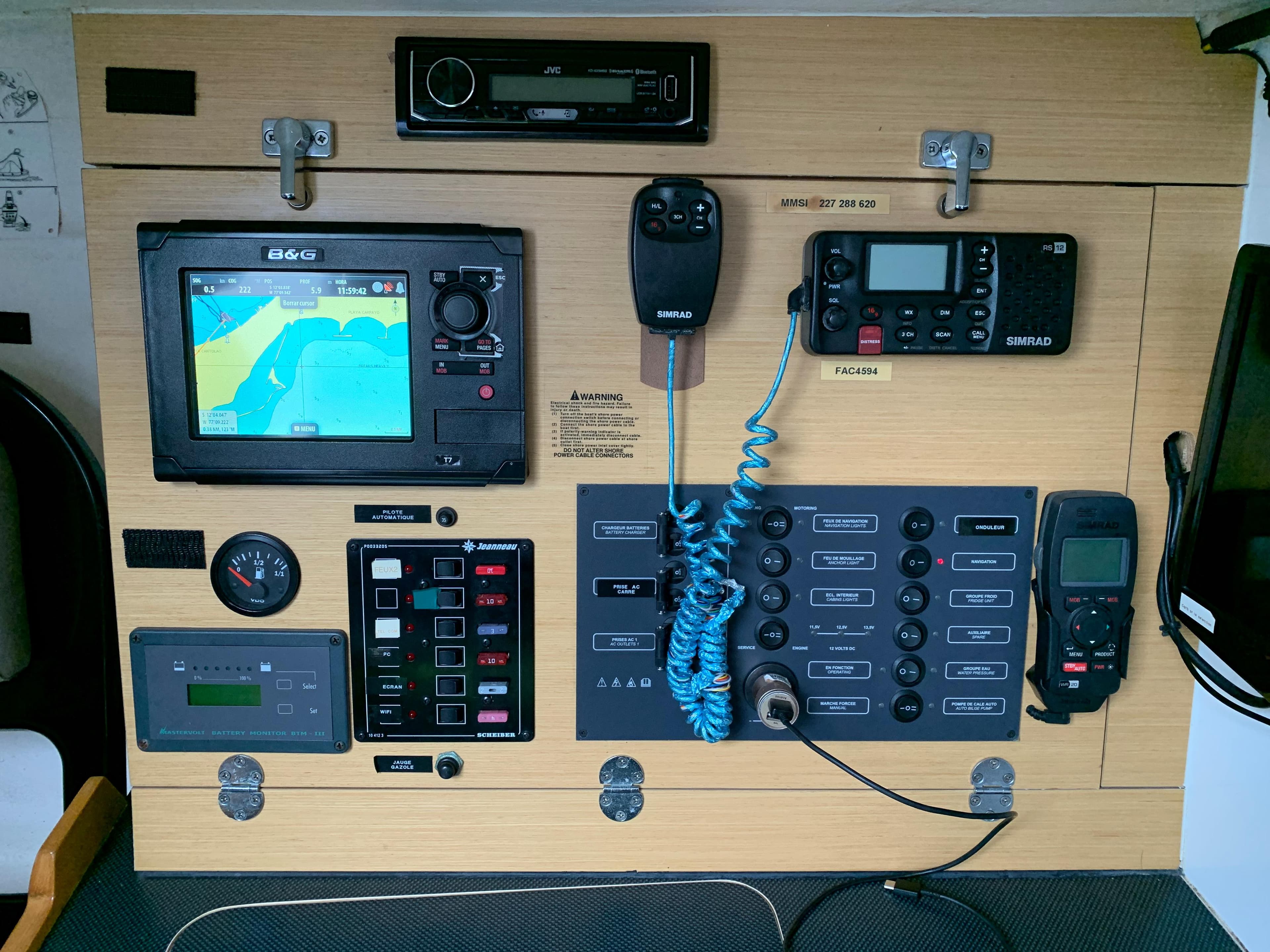 Navigation and communication panel on a 2013 Jeanneau Sun Fast 3600 sailboat.