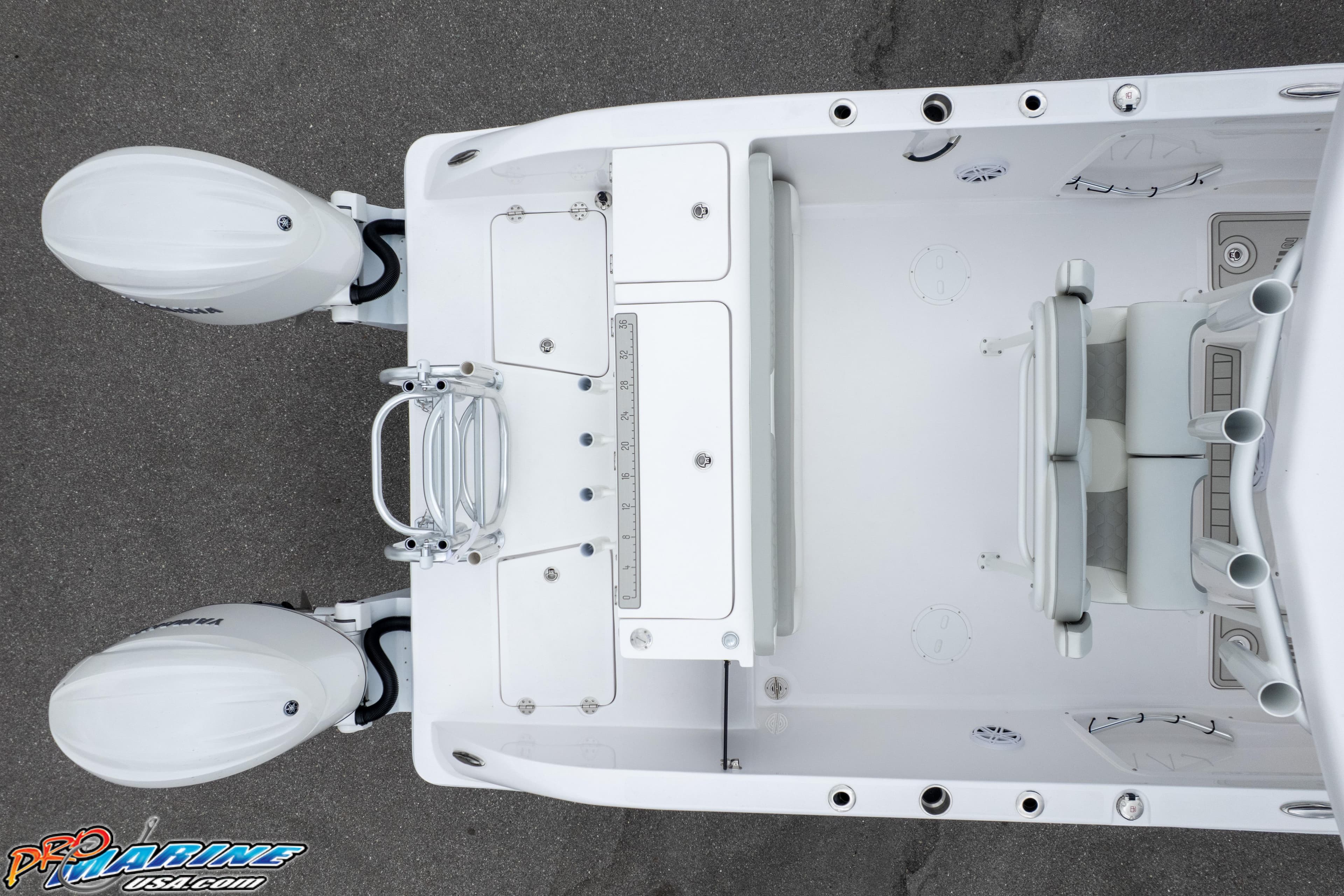 Overhead view of 2026 TwinVee 240 boat with dual outboard motors.