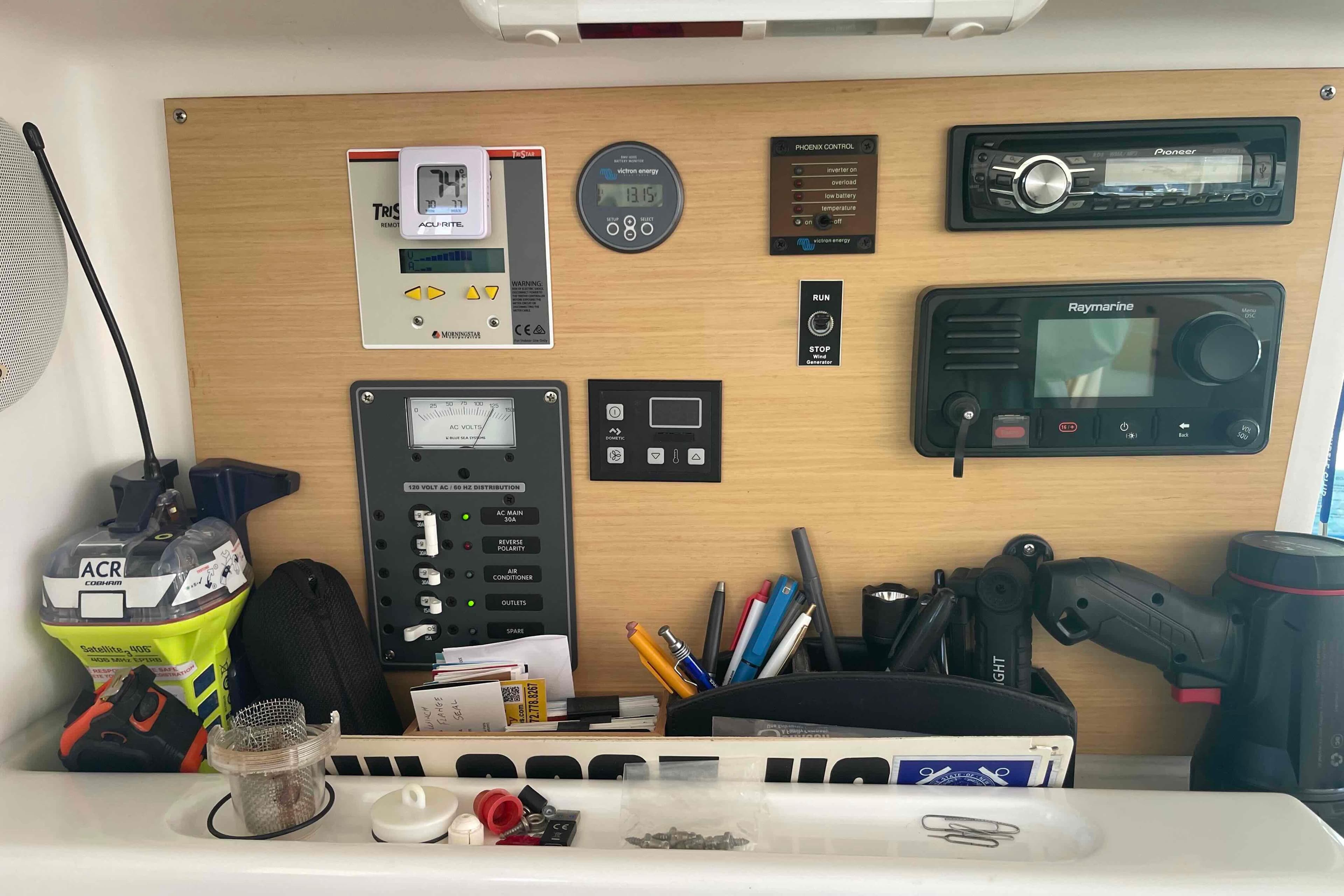Control panel of a 2012 Lagoon 380 S2 catamaran with navigation and communication equipment.