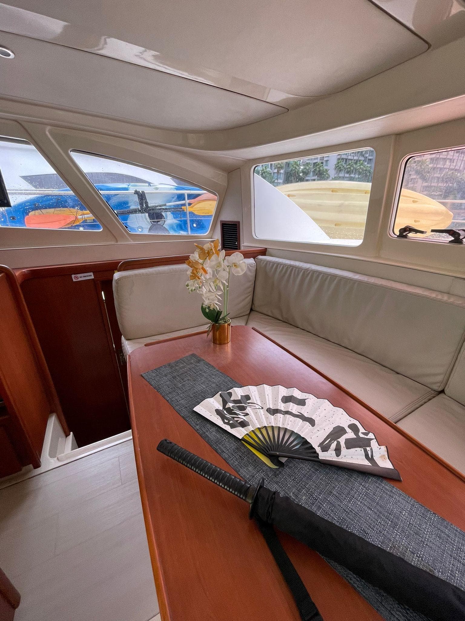 Interior of 2012 Leopard 39 Powercat with elegant decor and large windows.