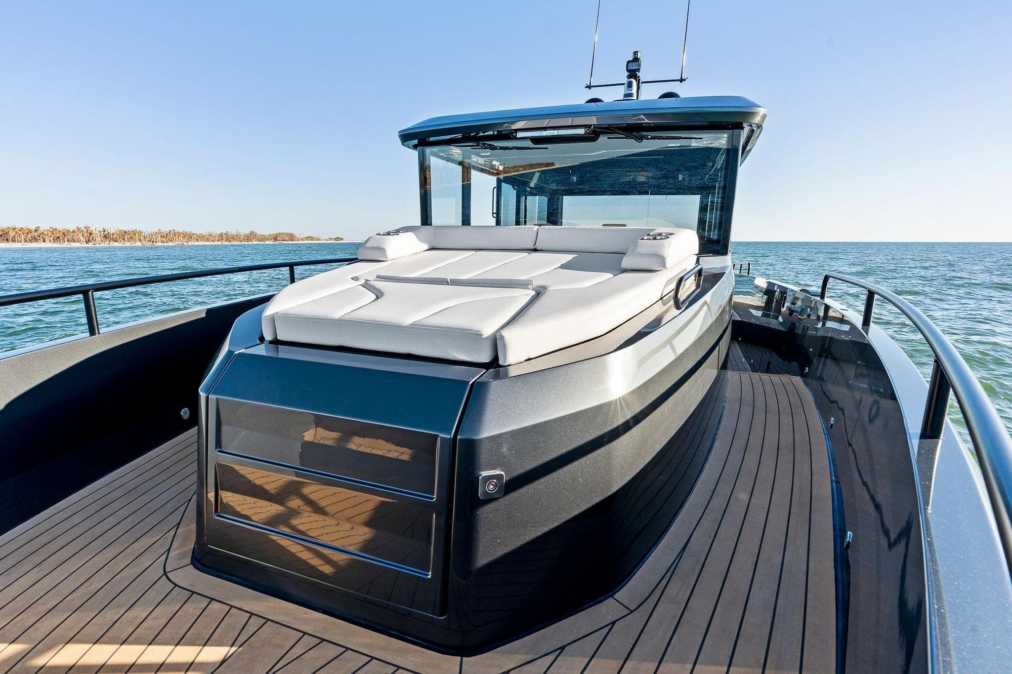 2026 XO EXPLR 44 yacht with sleek design and spacious deck on open water.