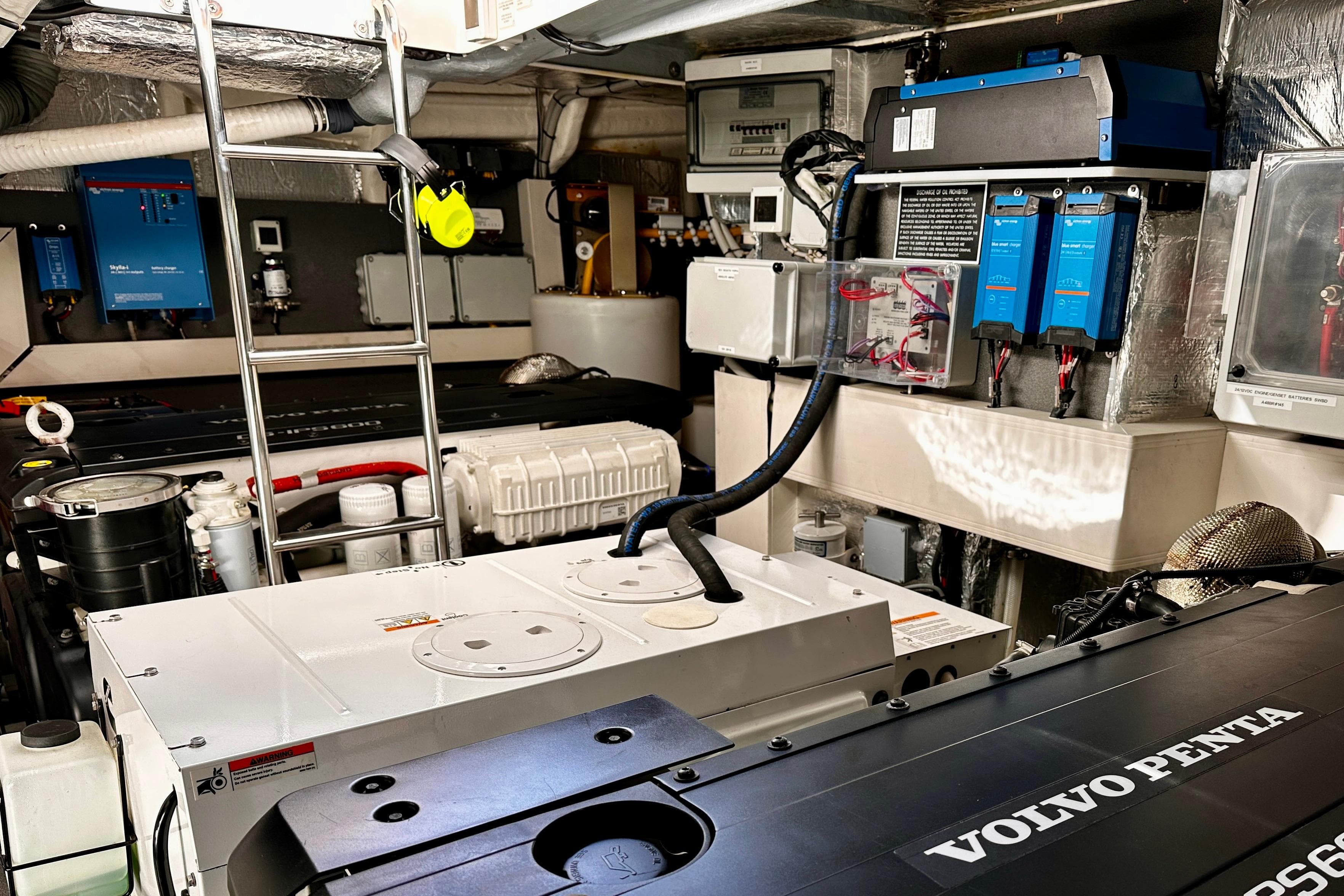 Engine room of 2020 Absolute NAVETTA 48 yacht with Volvo Penta components and electrical systems.
