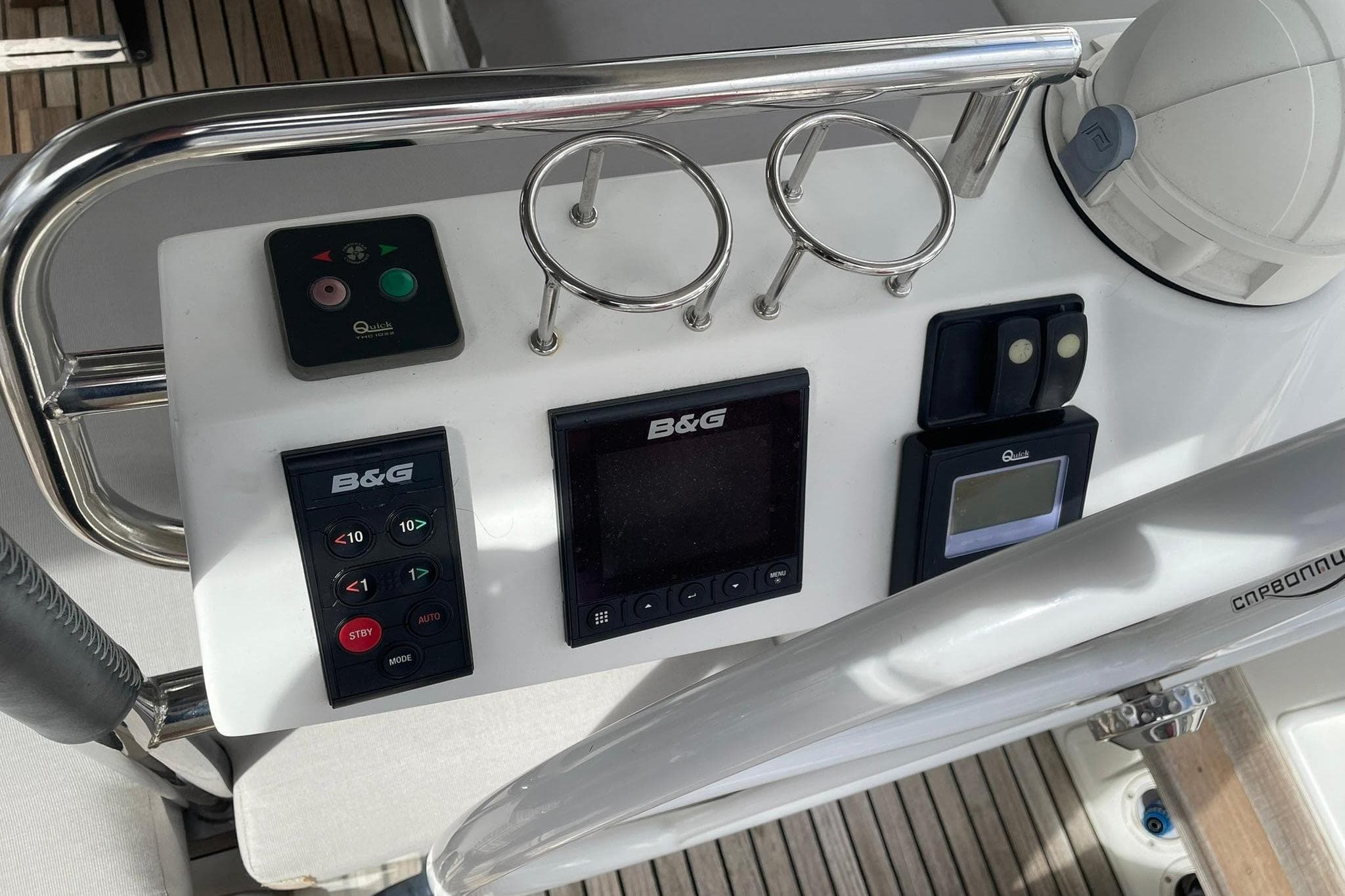 Control panel of a 2017 Beneteau Sense 50 yacht with B&G navigation instruments.