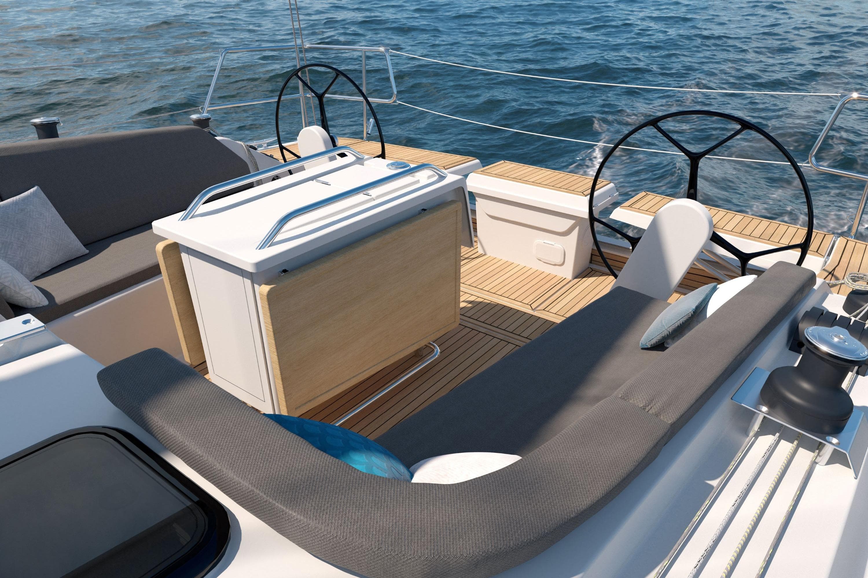 2026 Hanse 360 yacht cockpit with dual steering wheels and sleek seating on open water.