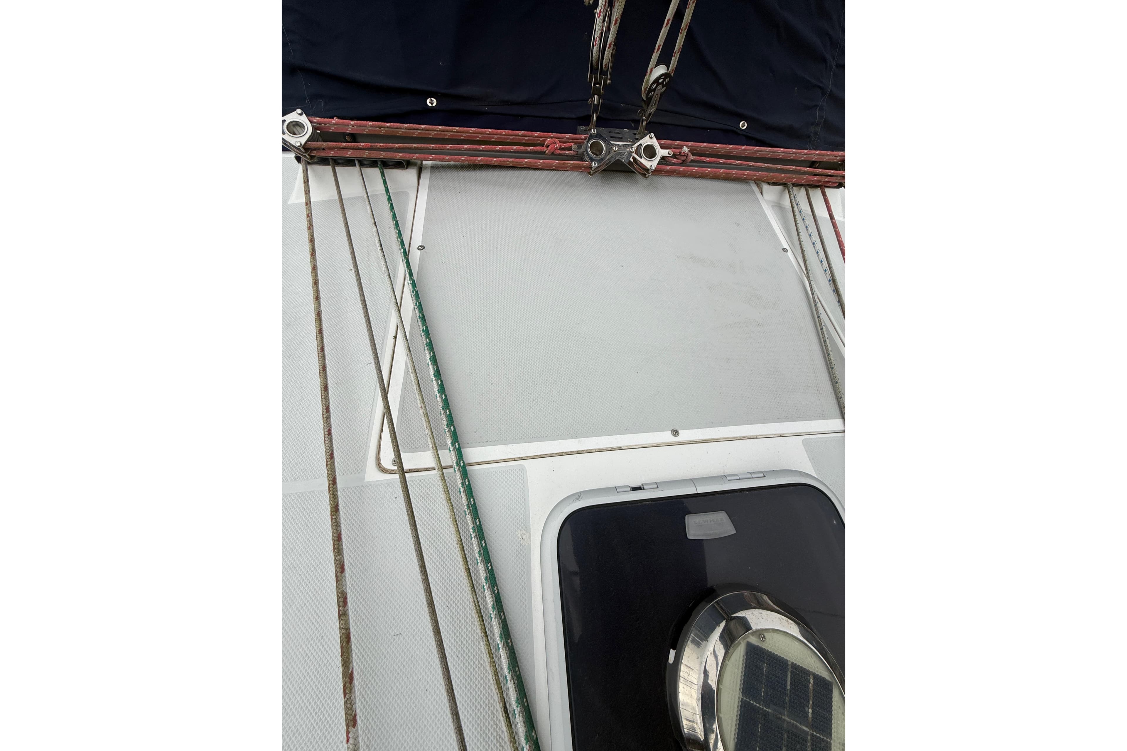 Deck view of a 2003 Catalina 34 MkII sailboat with rigging and hatch.