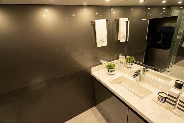 Luxurious bathroom interior on Schaefer 770 yacht, featuring sleek design and modern fixtures, 2026 model.