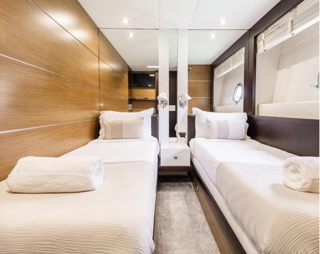 Luxurious twin cabin interior of 2007 Astondoa A 76 GLX yacht, featuring modern design.