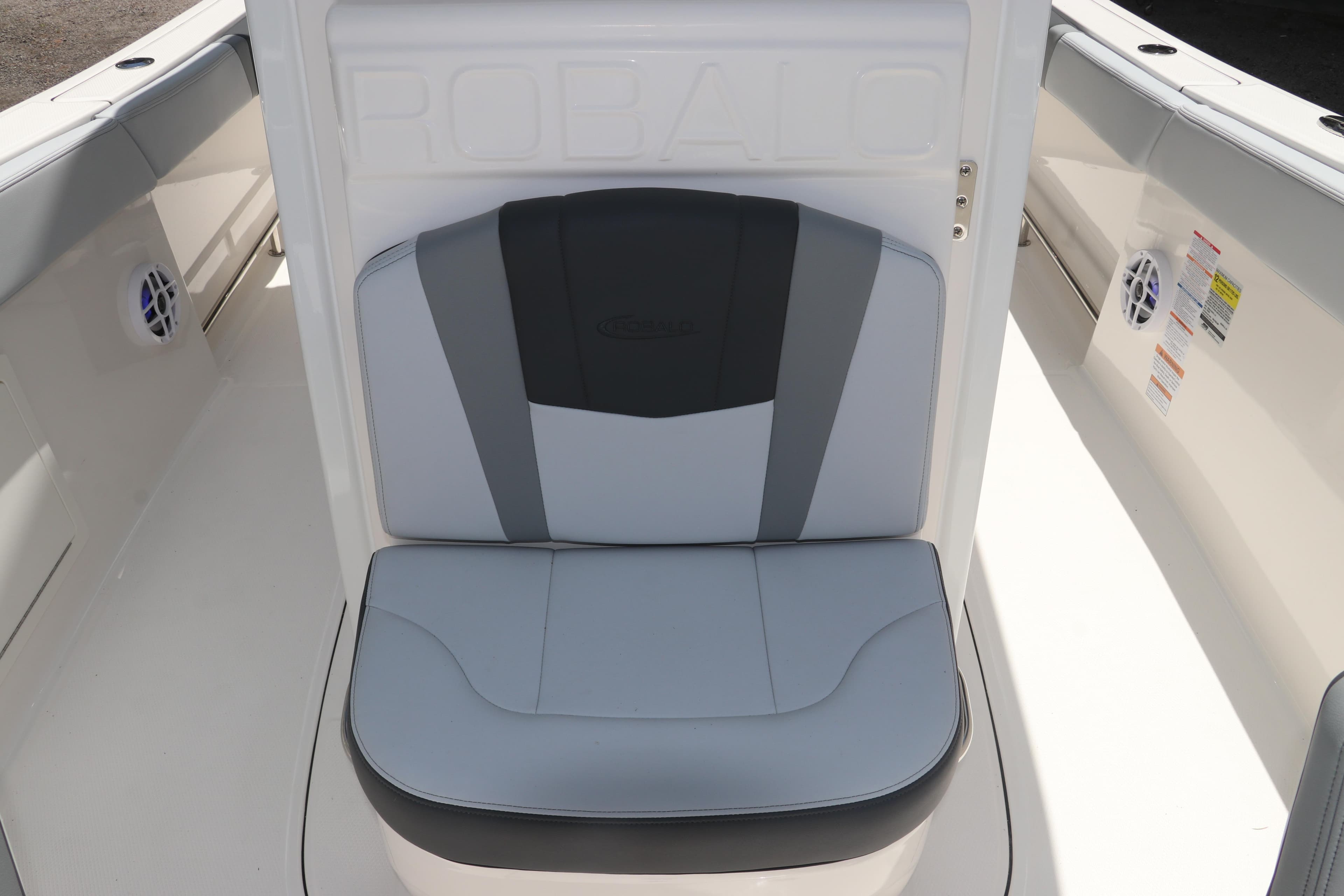 2026 Robalo R232 Explorer boat seat with gray and black upholstery.