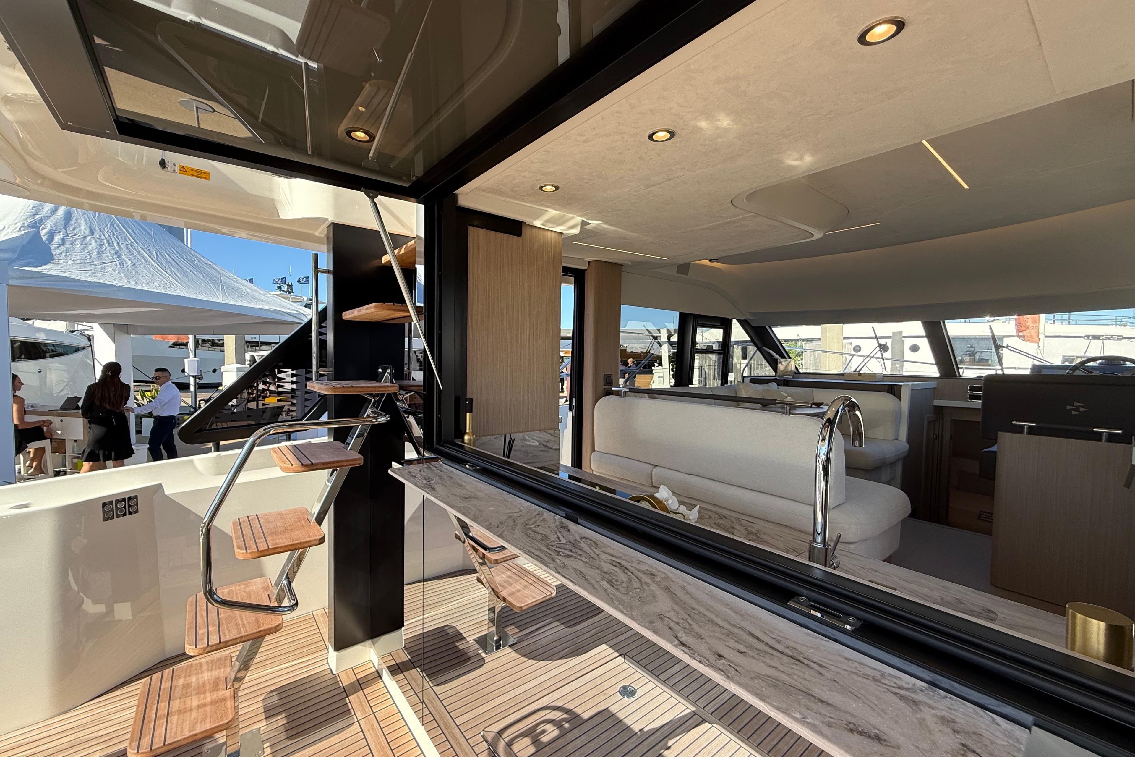 Luxurious interior of 2026 Prestige F4.3 yacht with modern design and elegant furnishings.