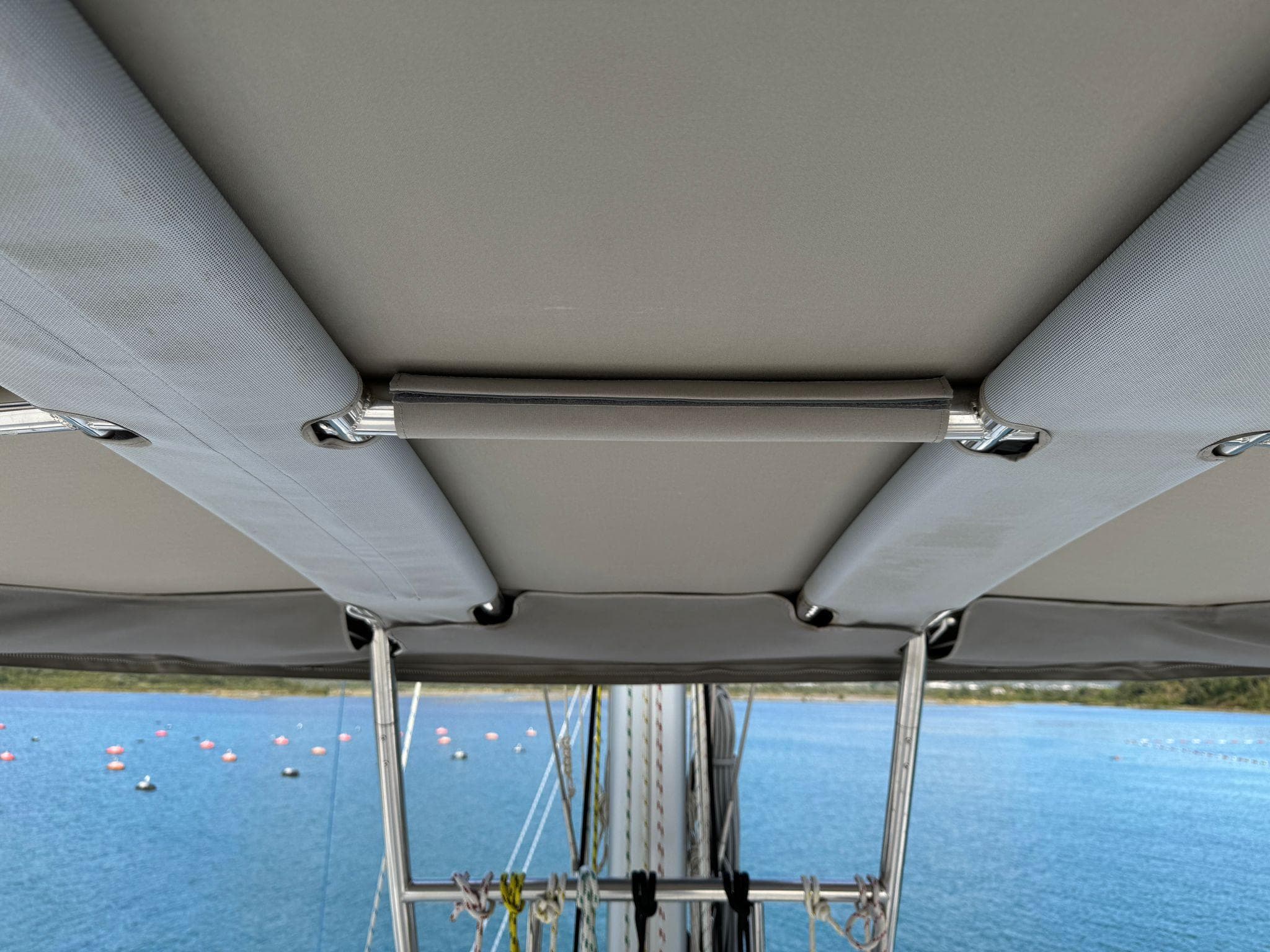 Bali 4.8 Open Space 2025 yacht canopy with ocean view.