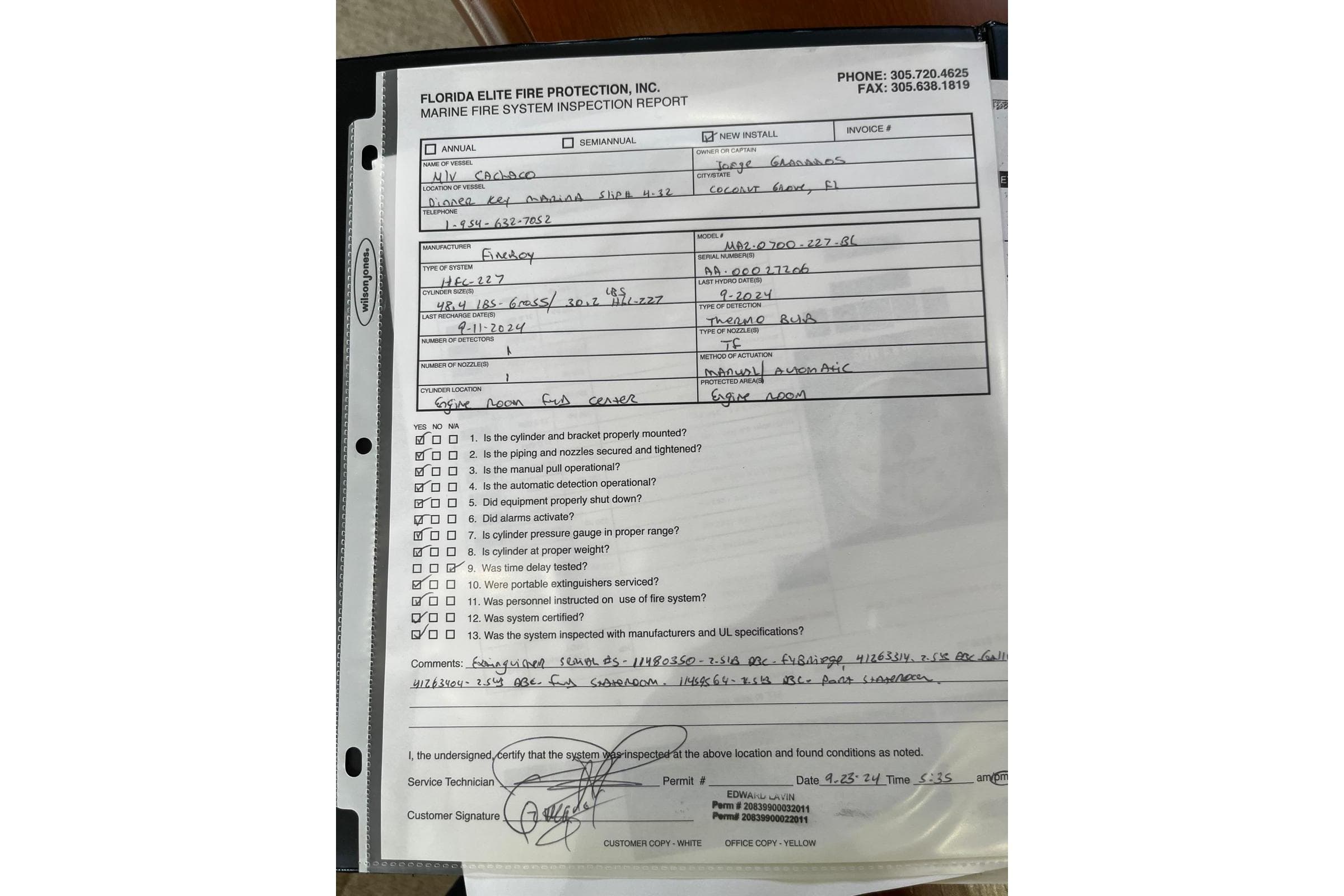 Inspection report for marine fire system, Silverton 34 Convertible, 2005, detailed checklist and comments.