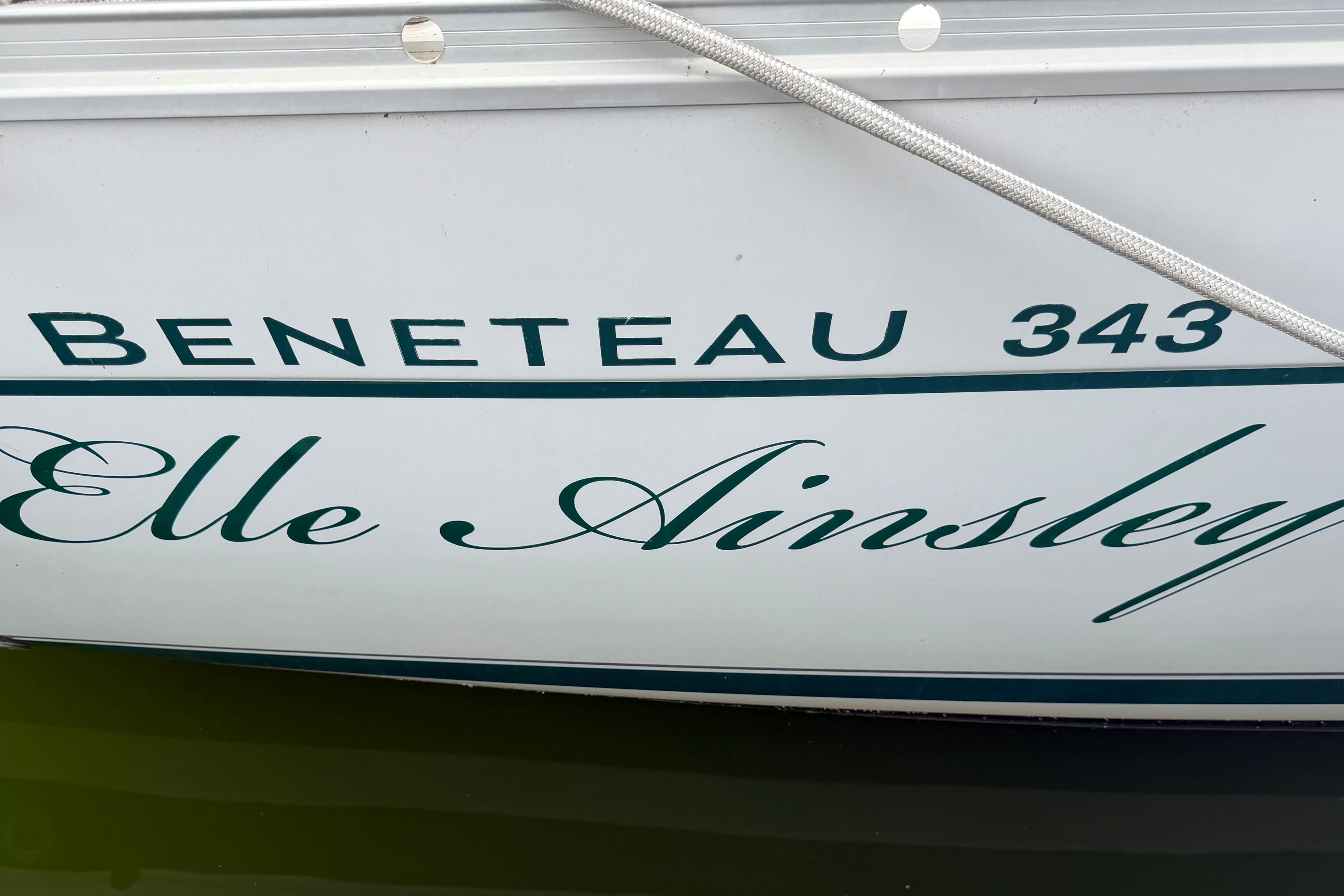 Beneteau Oceanis Clipper 343 sailboat, 2008 model, named "Elle Ainsley" with elegant lettering.