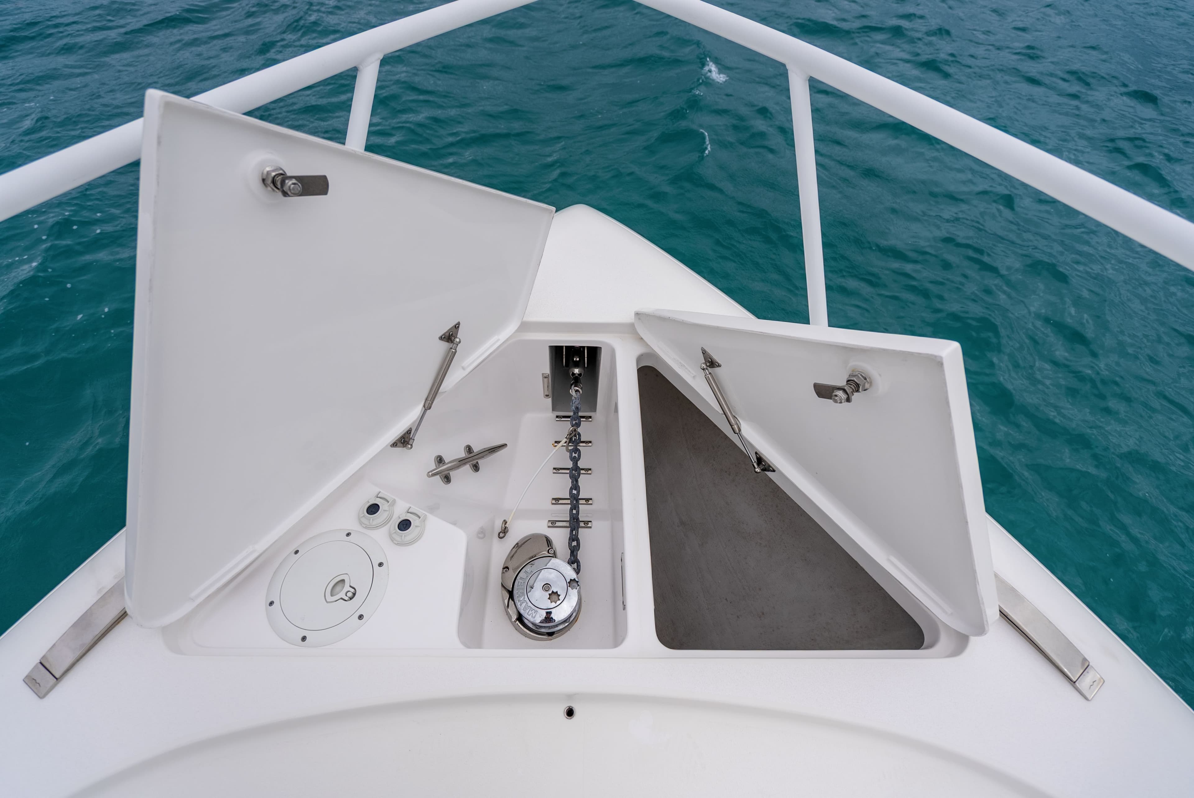Anchor compartment of Intrepid 477 Evolution 2024 on open sea.