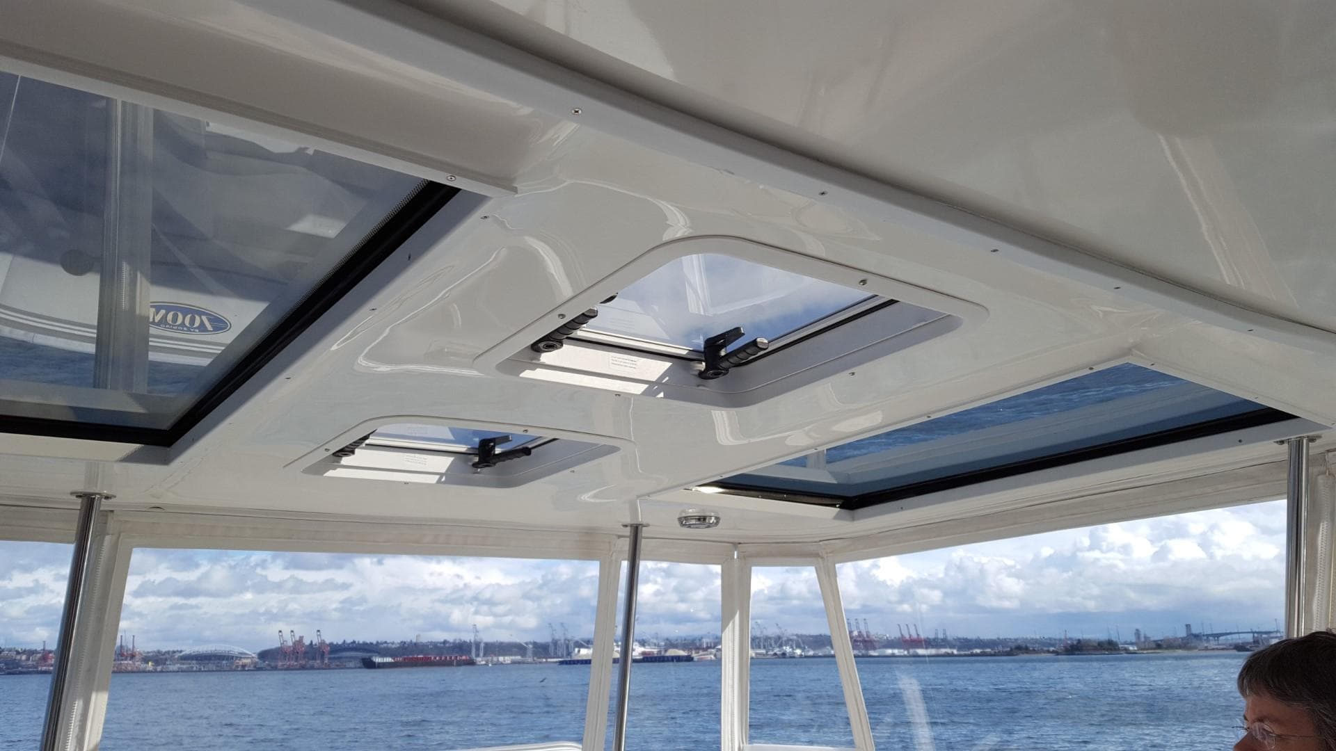 Interior view of Aspen C100 boat roof with windows, 2018 model.