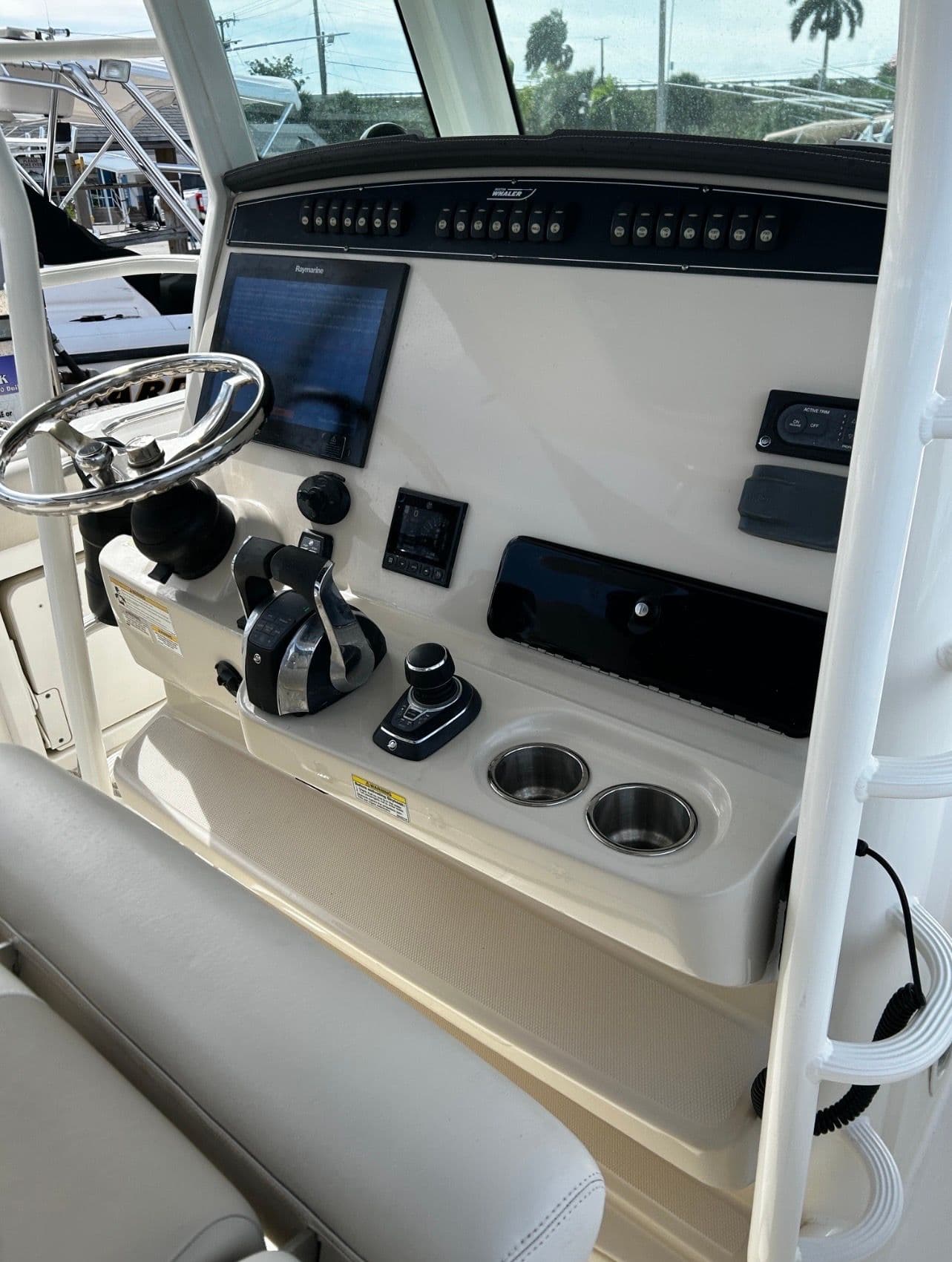 Helm console of a 2018 Boston Whaler 330 Outrage boat.