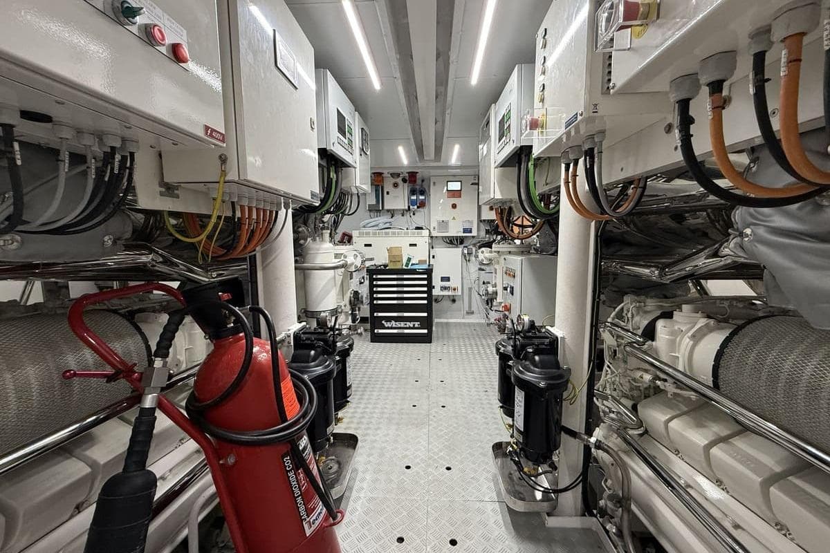 Engine room of 2023 Sanlorenzo 44Alloy yacht, featuring advanced machinery and equipment.