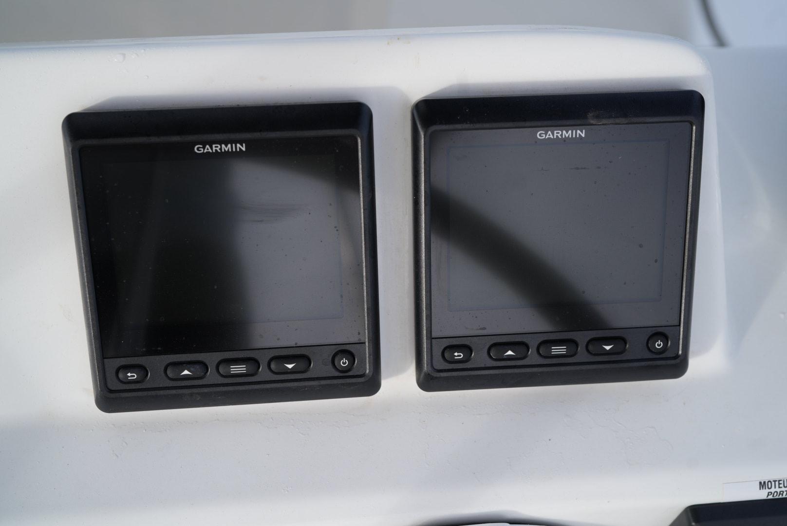 Garmin navigation screens on 2022 Fountaine Pajot Elba Quatour yacht dashboard.