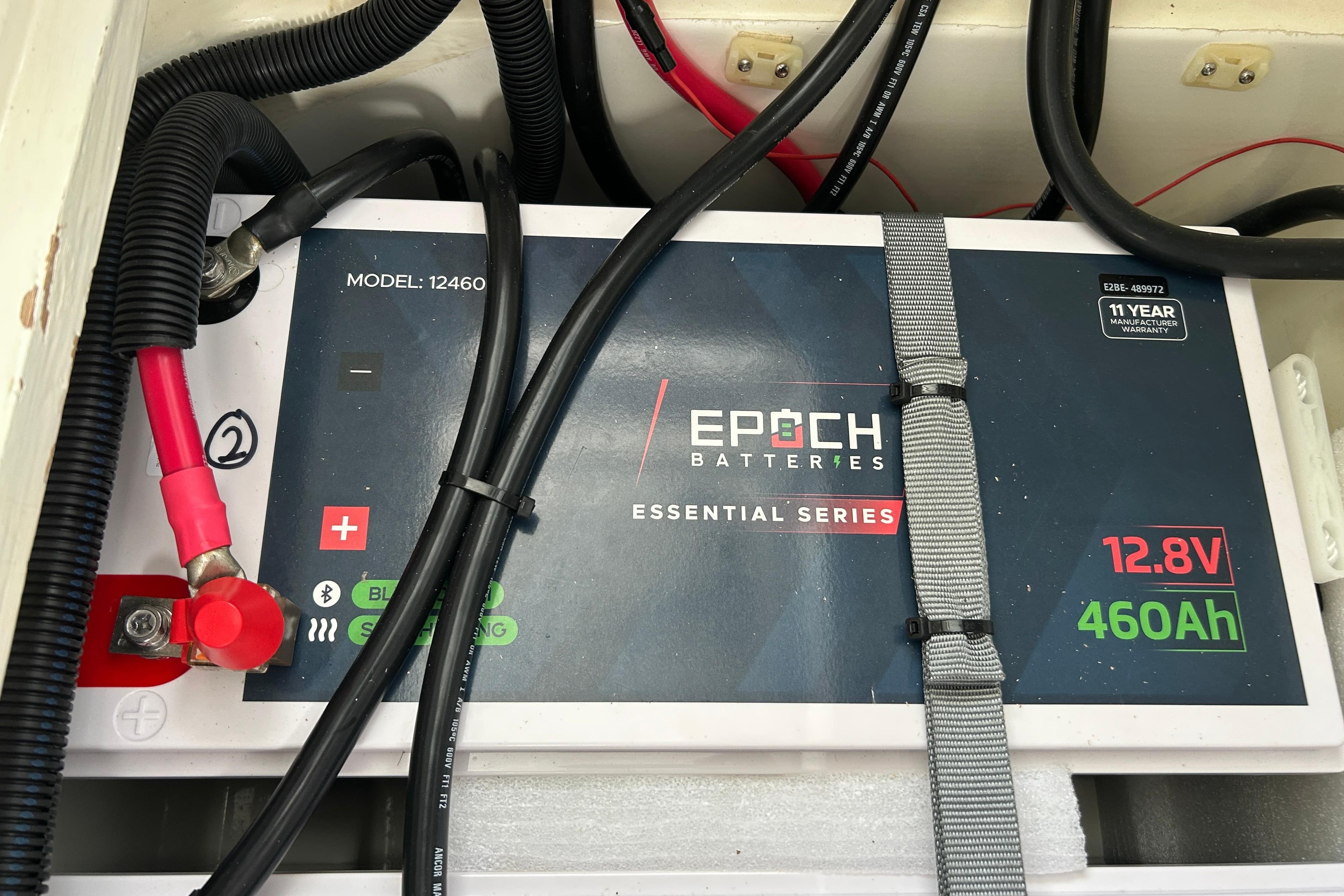 Battery installation in a Leopard 45, featuring Epoch Batteries model 12460, 12.8V, 460Ah.