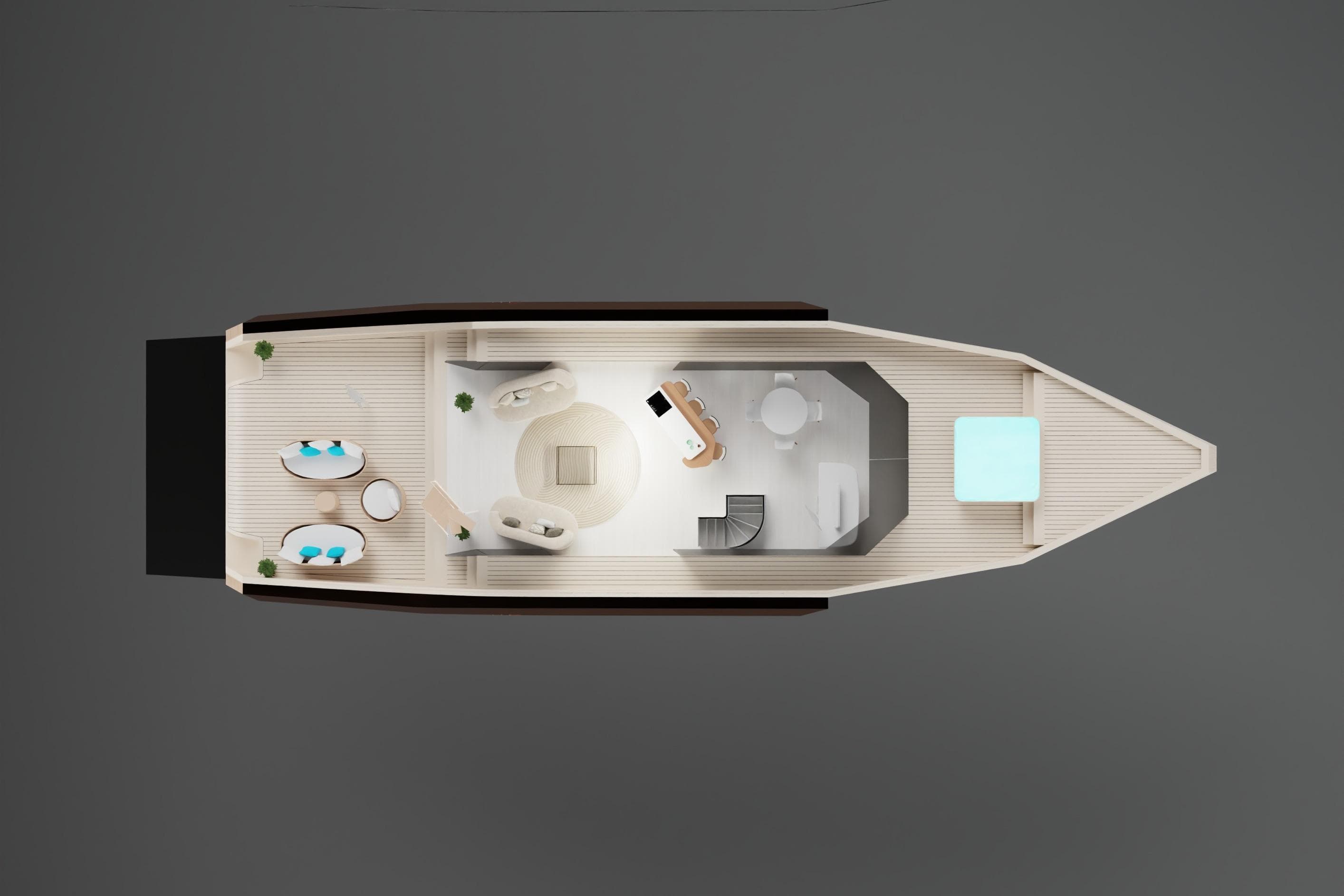 Top view of a 2026 Custom Motor Yacht 25 M interior layout.