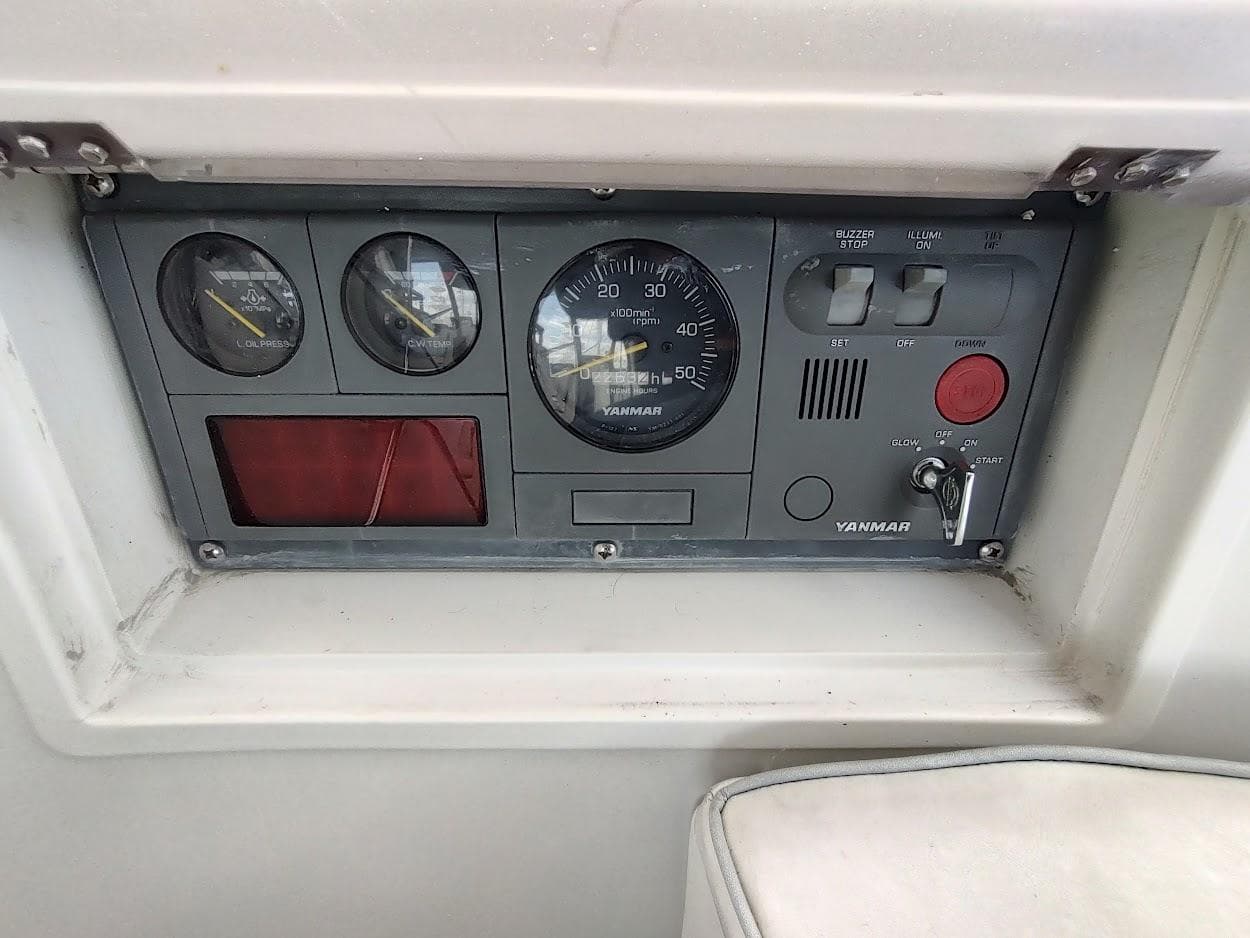 Control panel of a 2005 Stevens Custom 53/56 boat with Yanmar engine gauges.