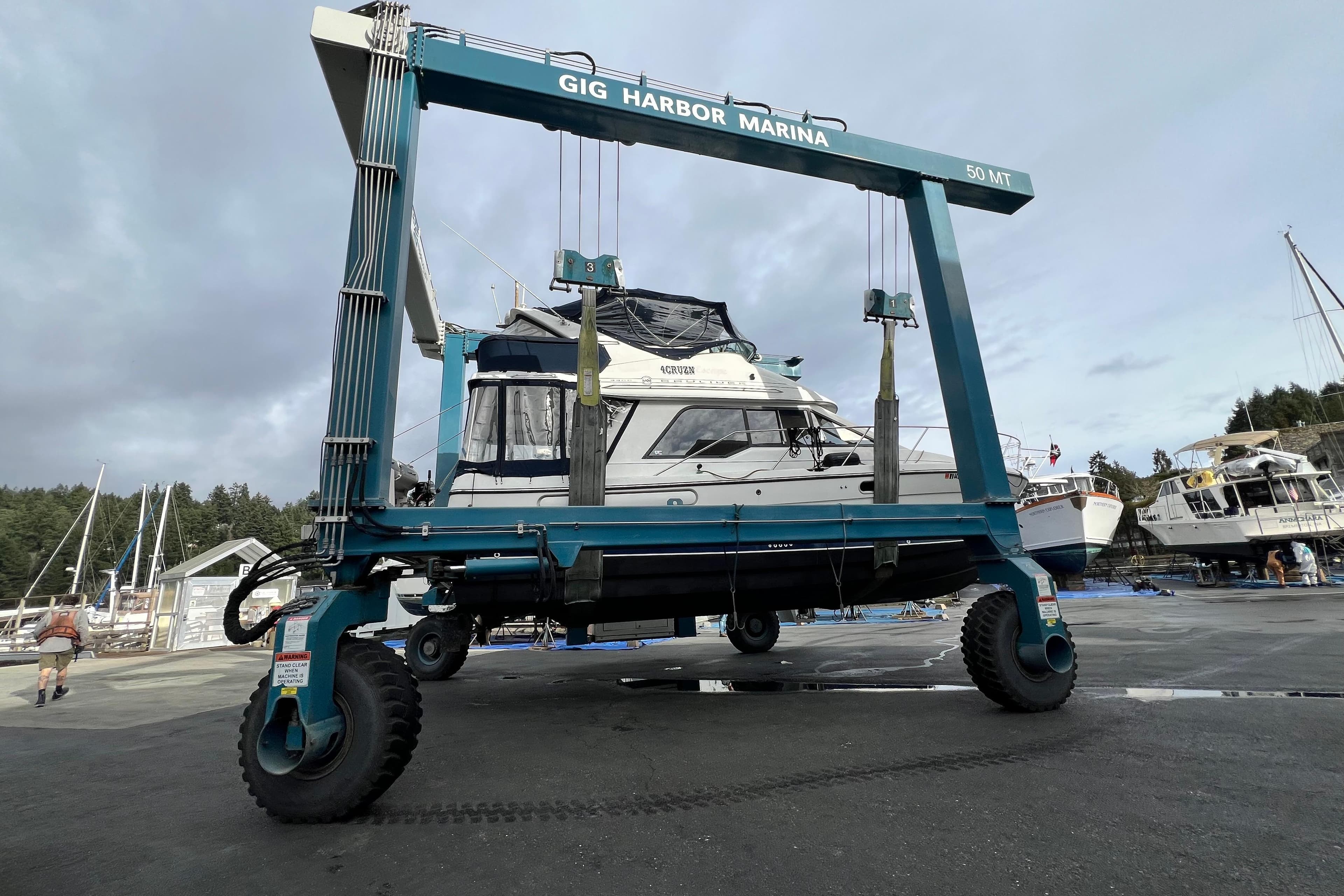 2001 Bayliner 3388 Command Bridge Motoryacht lifted at Gig Harbor Marina.