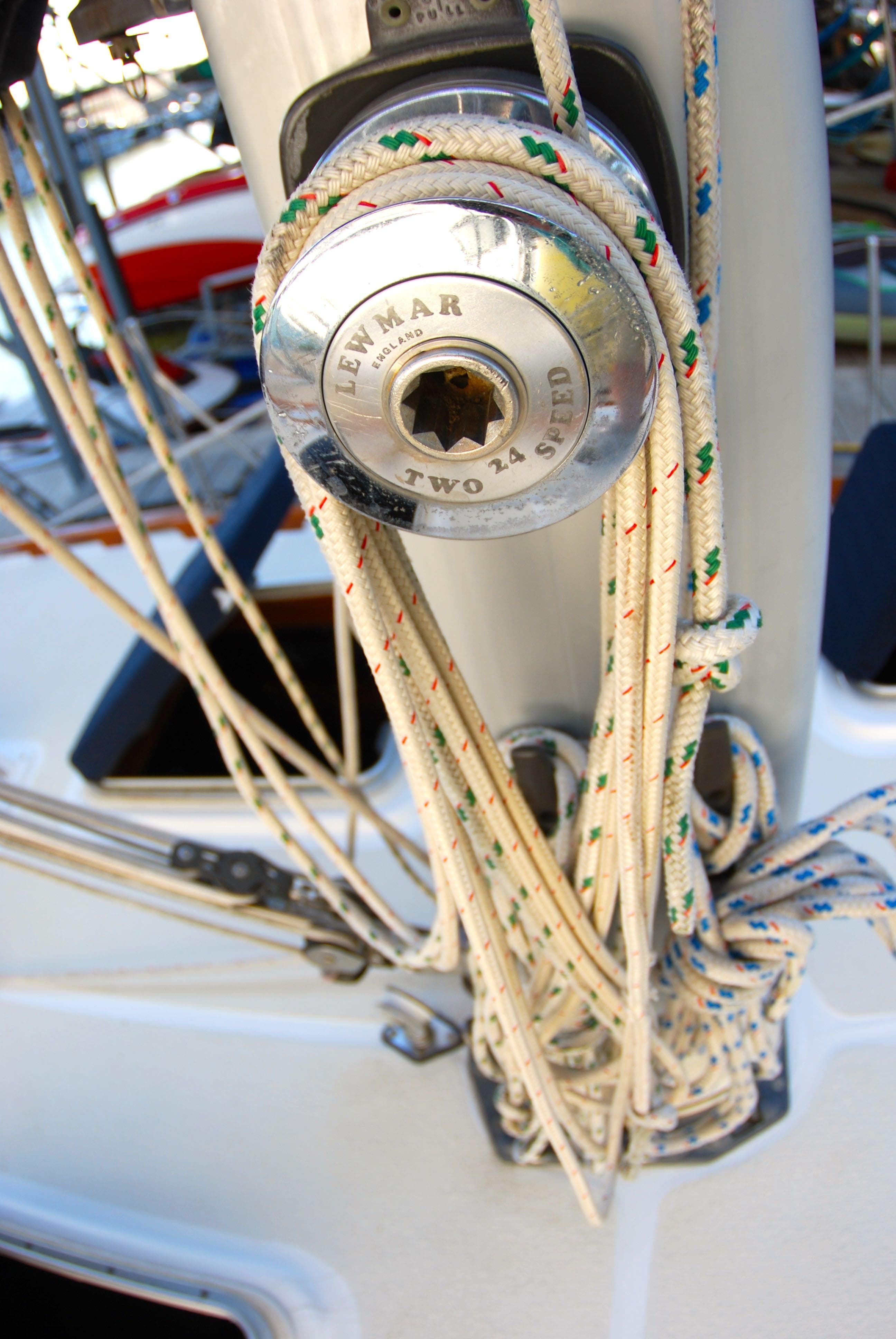 Close-up of Lewmar winch with ropes on 1985 Endeavour 38 sailboat.