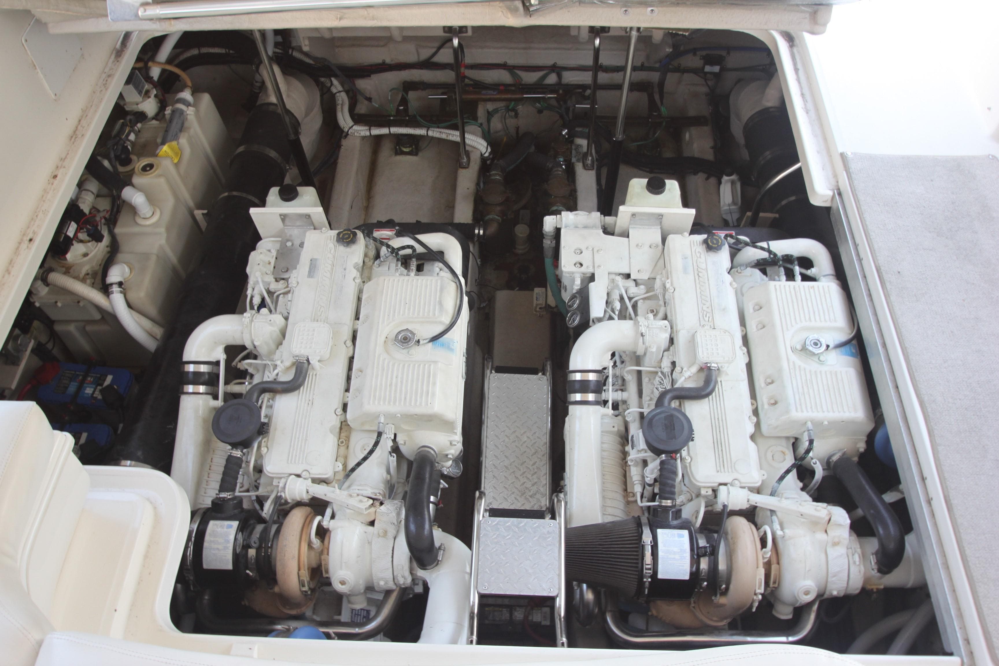 Engine compartment of a 2007 Sea Ray 44 Sundancer with dual engines.
