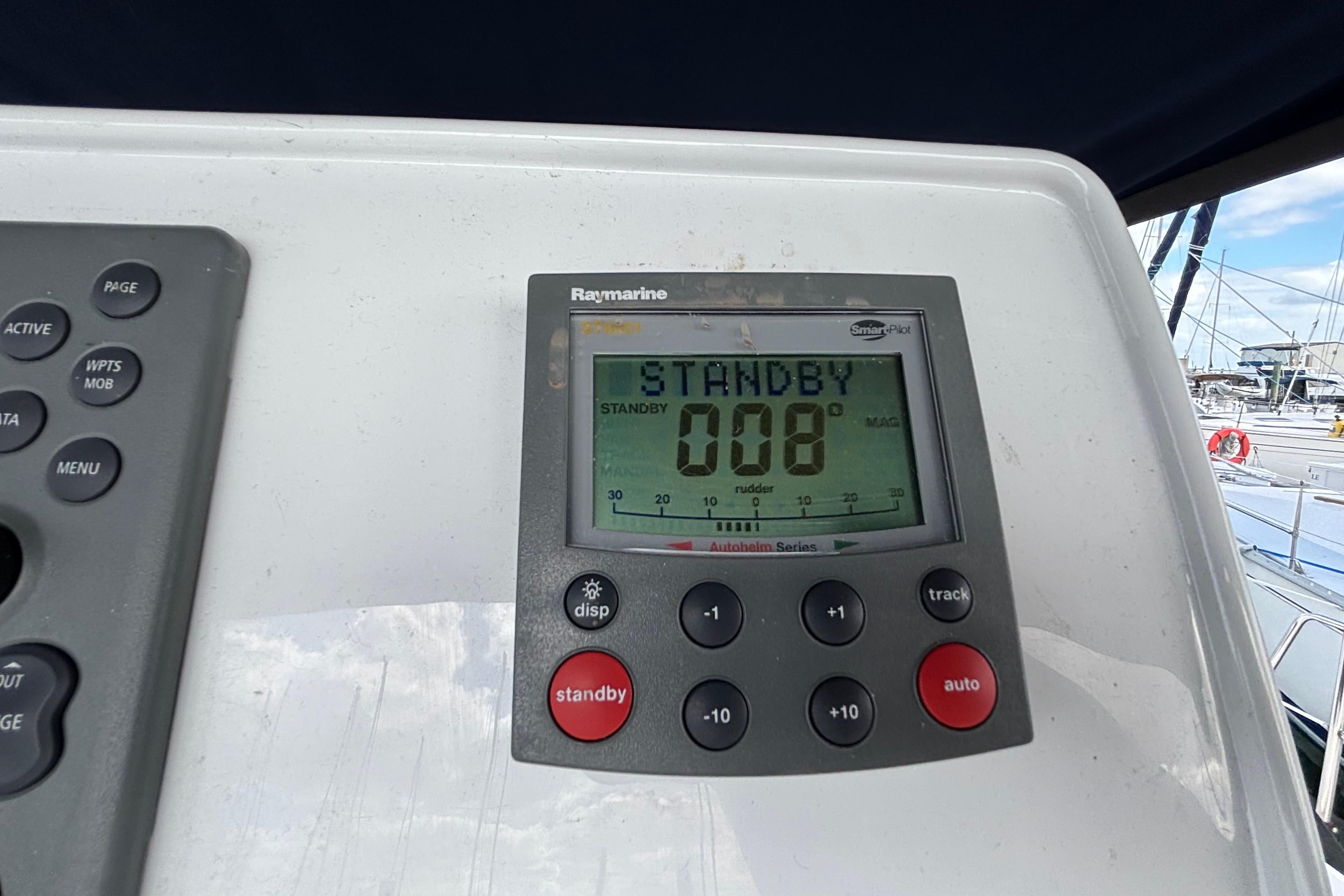 Raymarine autopilot display on 2006 Hunter 38 sailboat, showing standby mode.