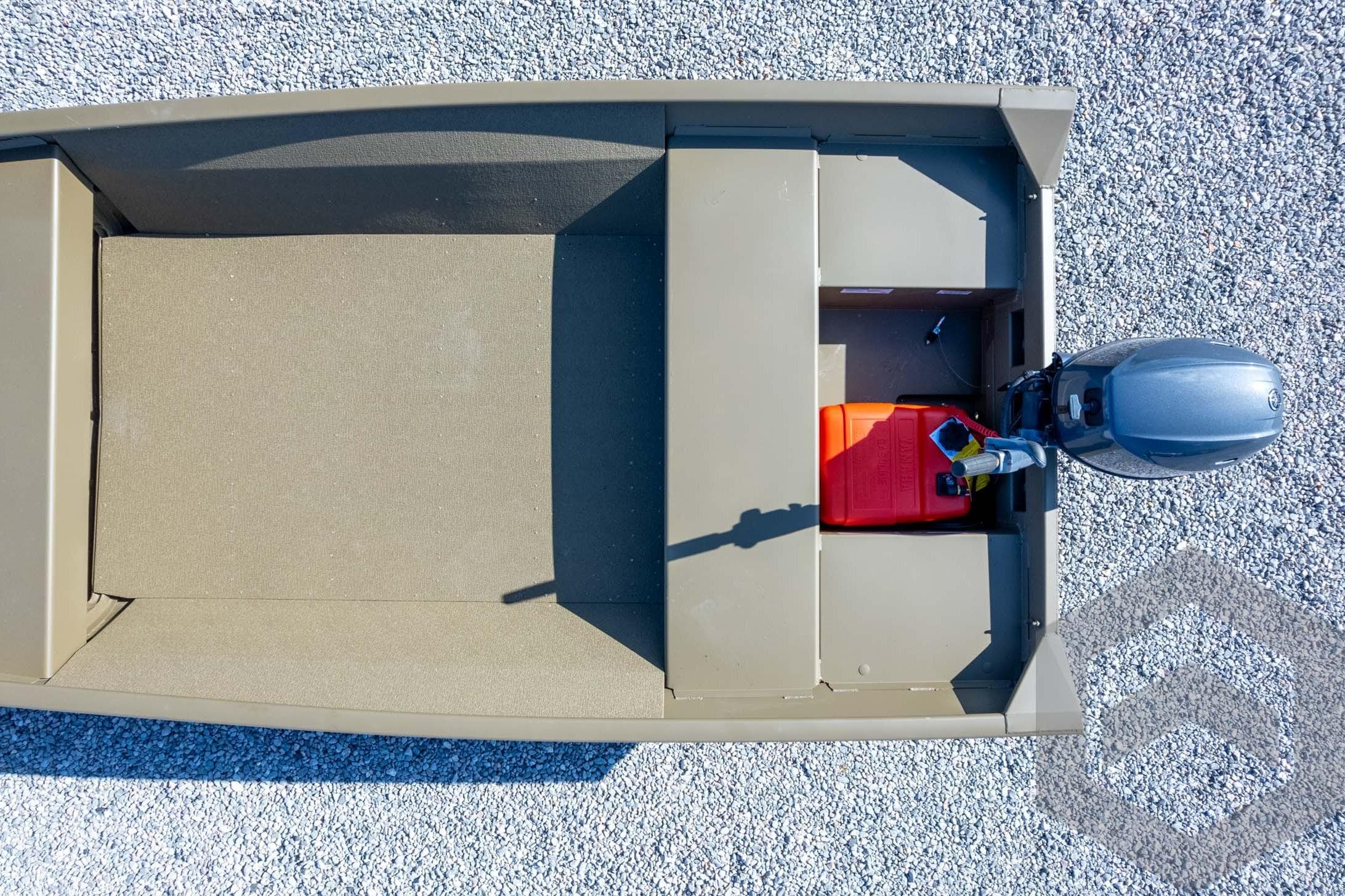 Top view of 2026 G3 Gator Tough 1548 VBW boat on gravel surface.