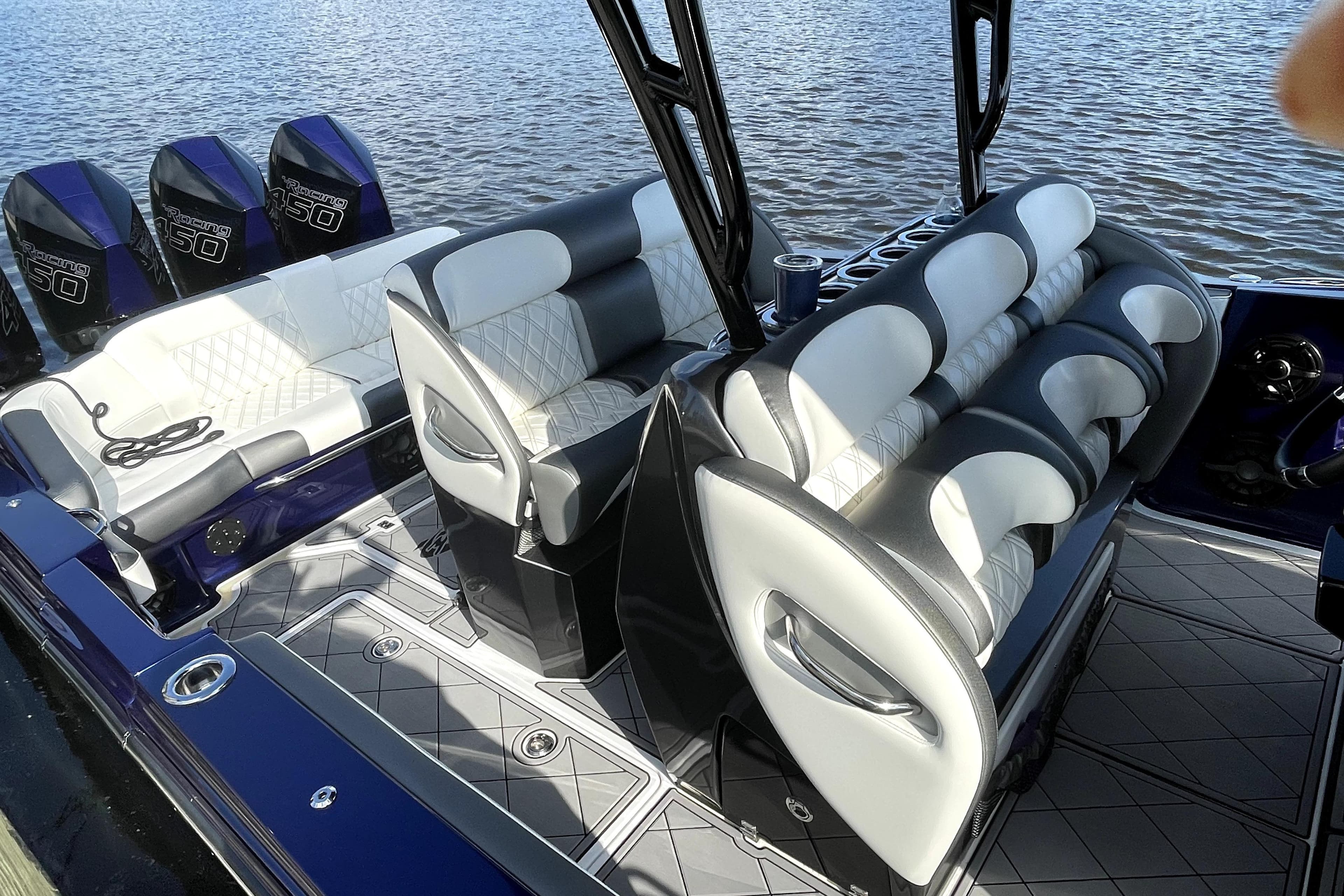 2021 Nortech 390 Sport boat interior with luxurious seating and powerful Mercury 450 engines.
