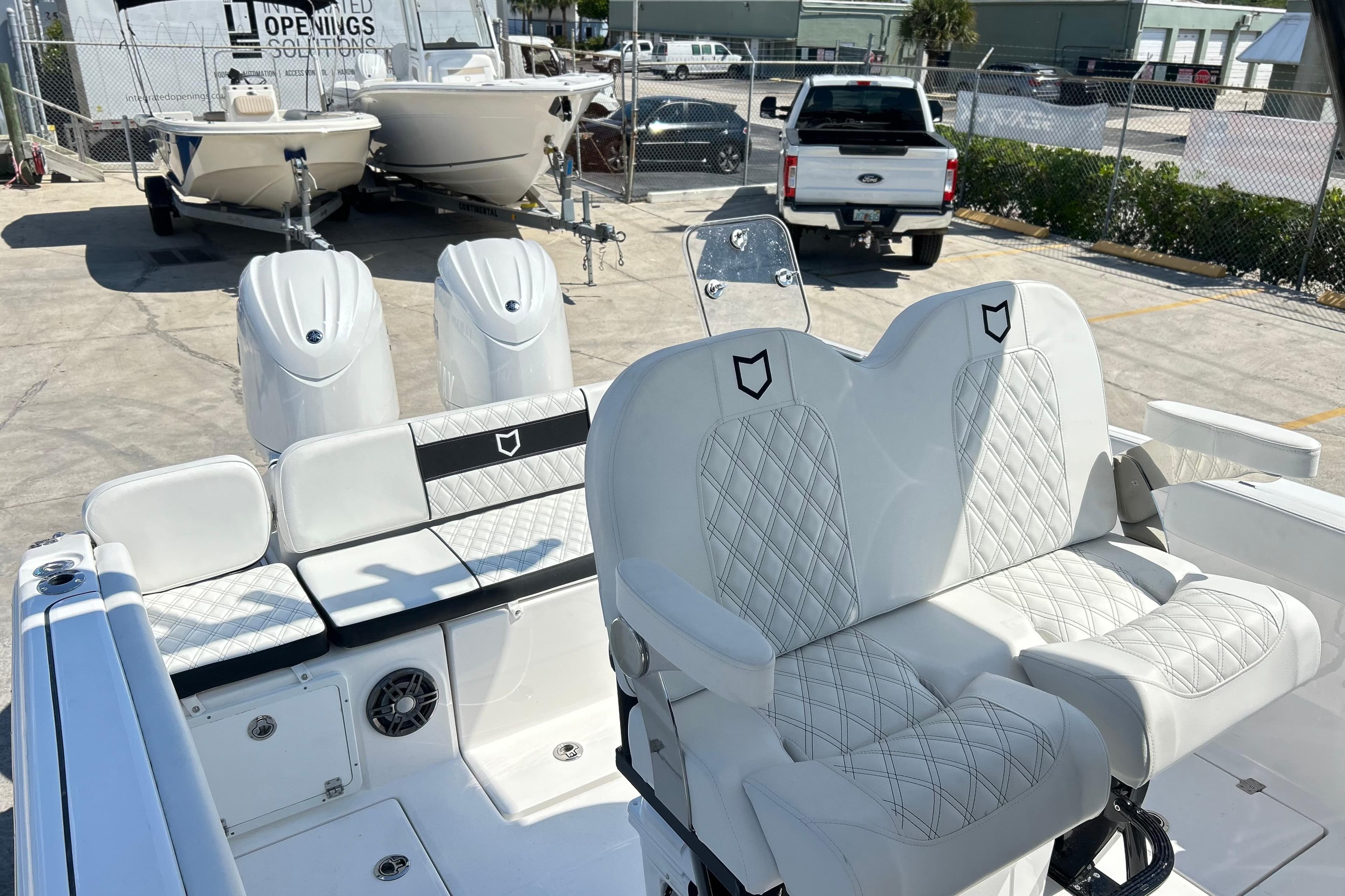 2026 Sea Fox 268 Commander boat interior with dual engines and luxurious seating.