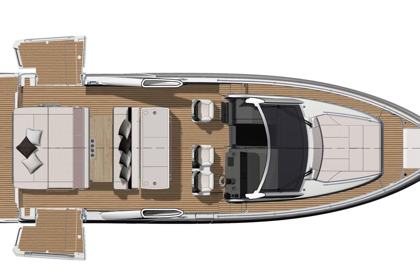 Top view of 2025 Jeanneau DB/43 IB yacht layout, featuring spacious deck and seating areas.