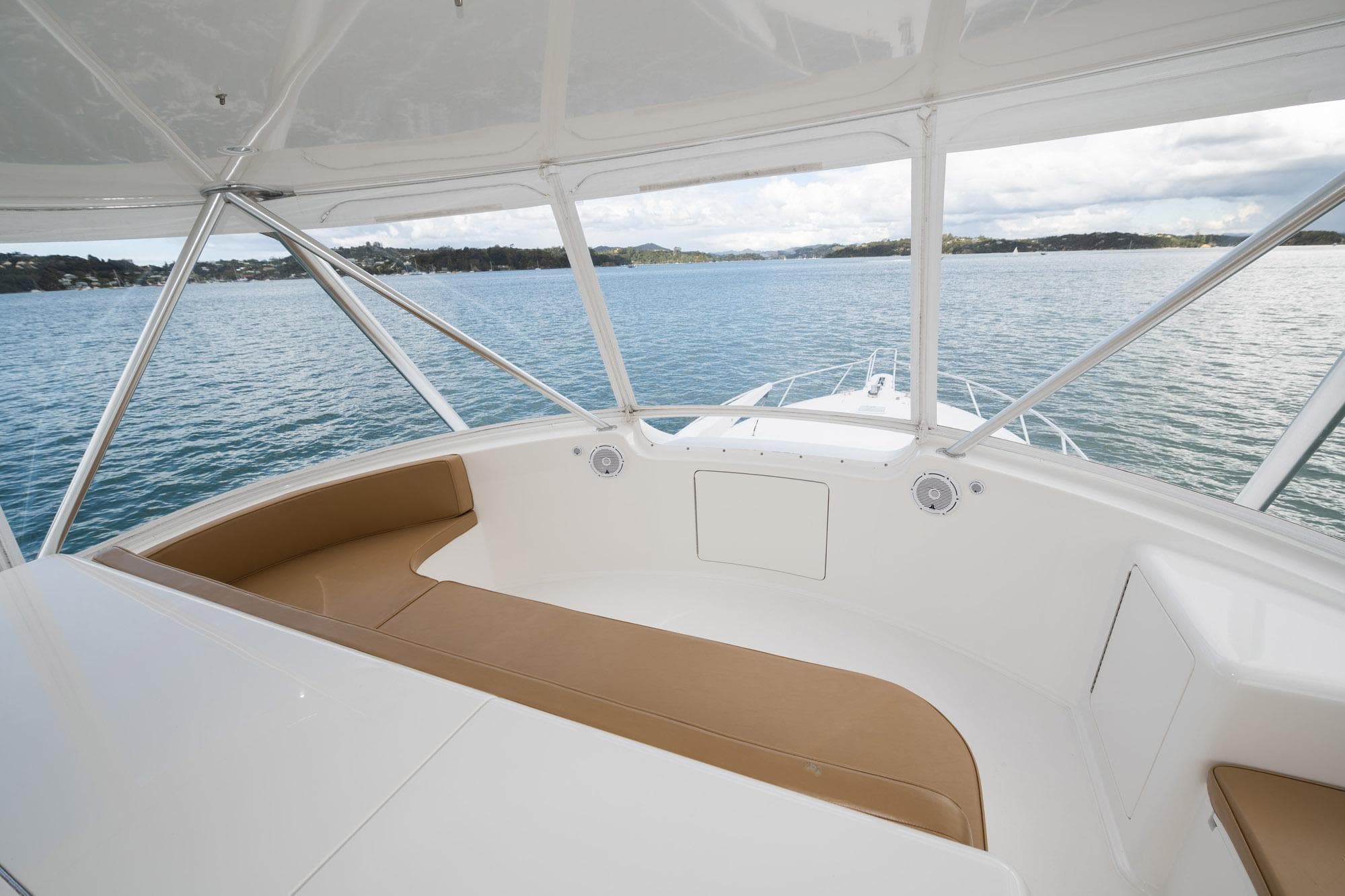 2007 Viking 64 Convertible yacht interior with ocean view and seating area.
