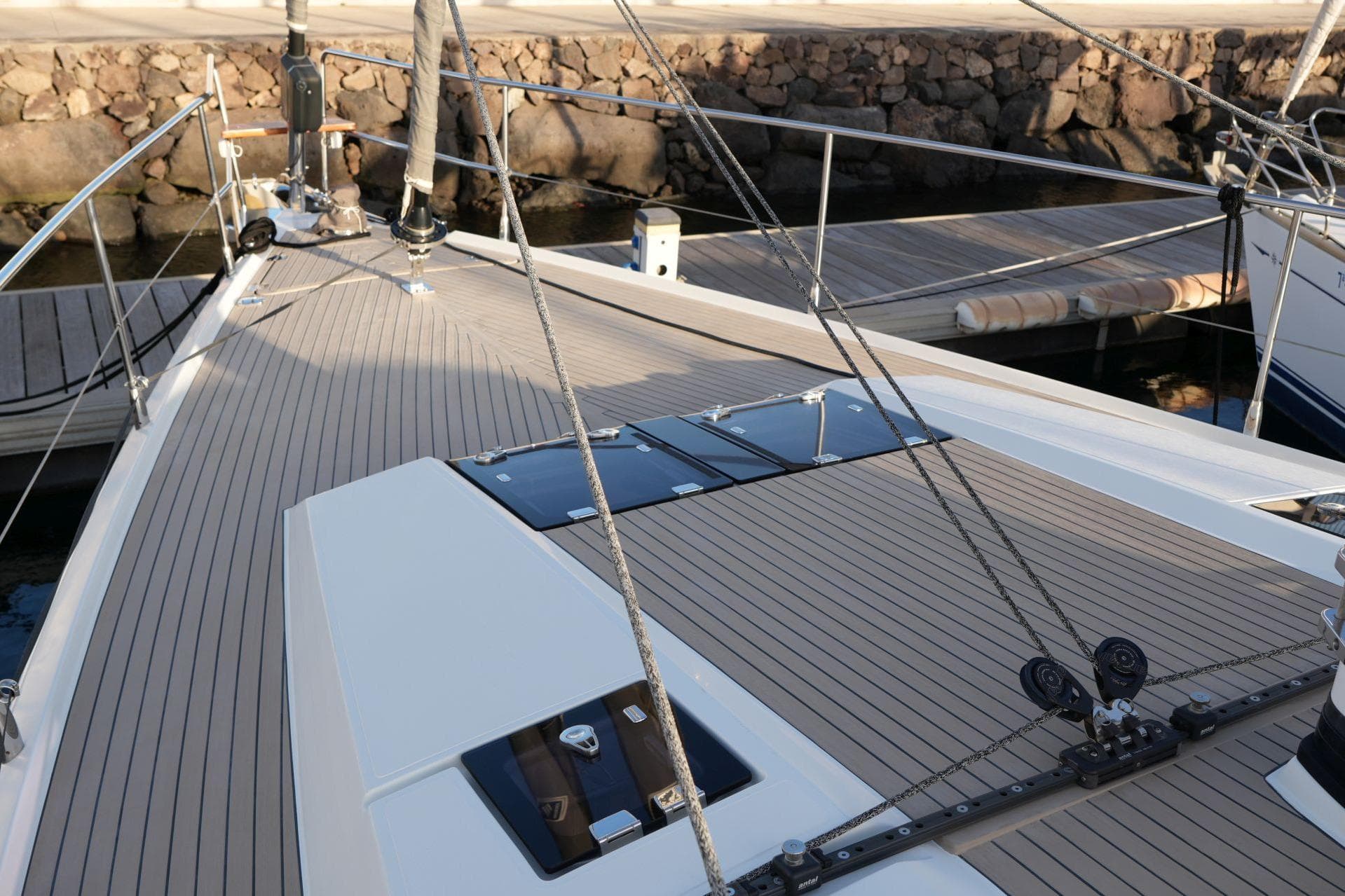 Deck of 2020 Amel 50 yacht with sleek design and modern fittings.