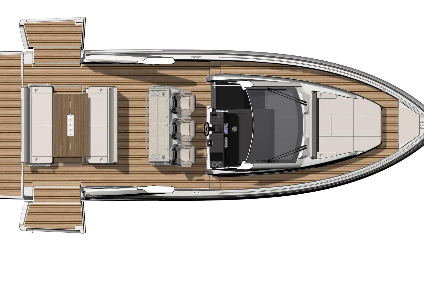 Top view of 2026 Jeanneau DB/37 IB yacht with spacious deck layout.