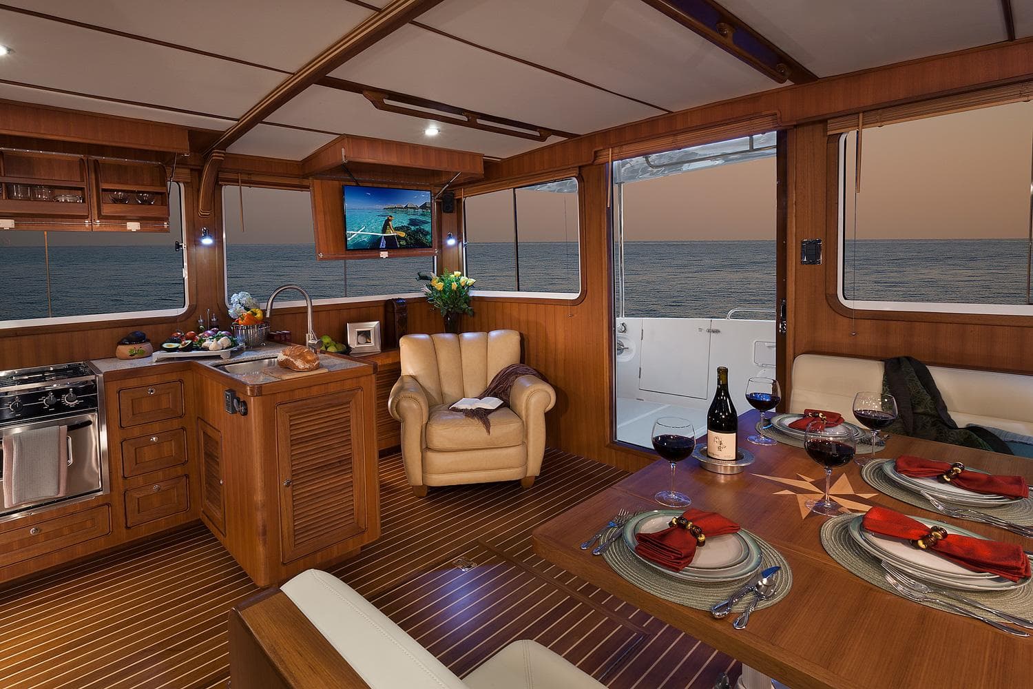 Luxurious interior of 2025 Helmsman Trawlers 43E Pilot House with elegant dining setup.