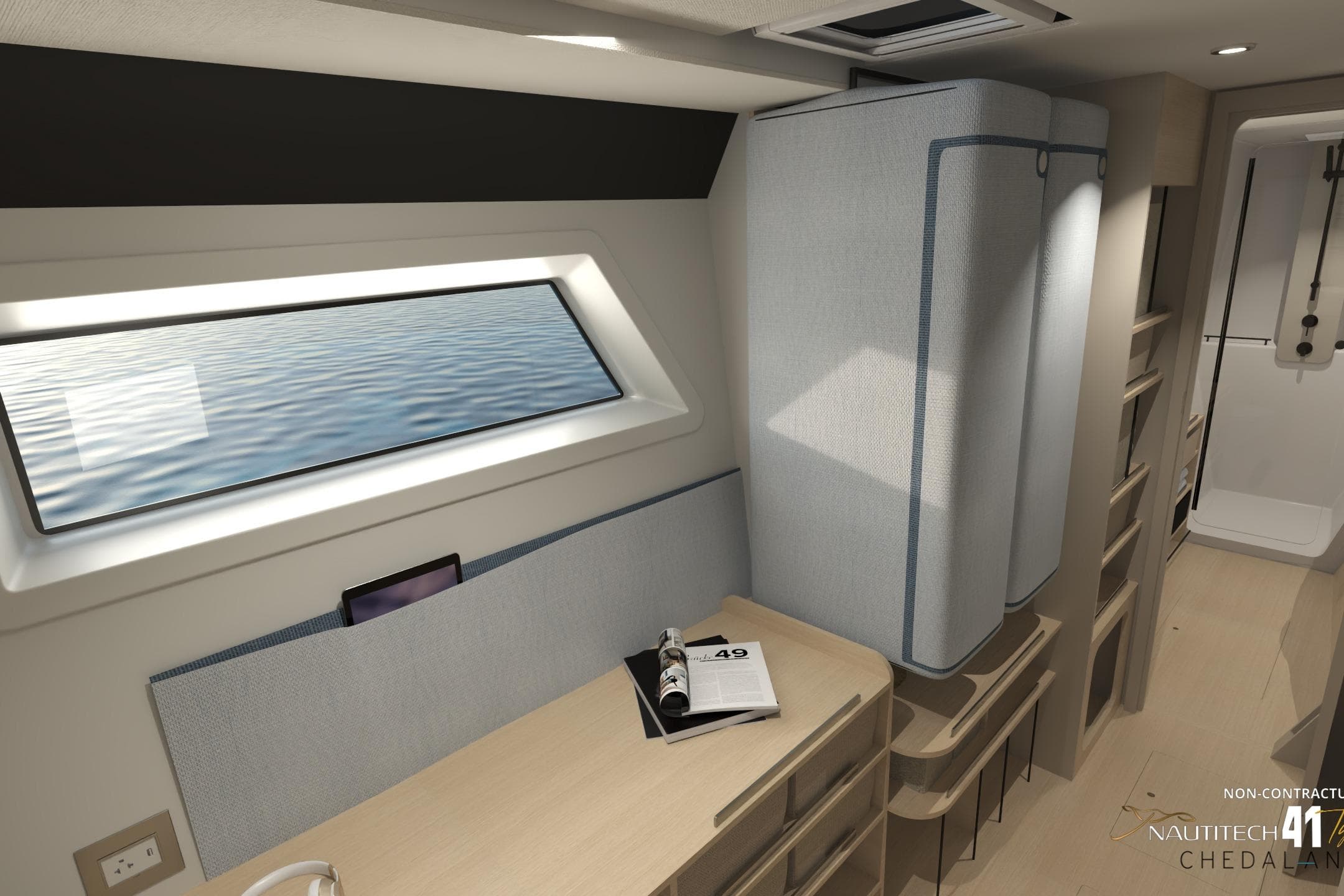 Interior of Nautitech 41 Type S 2026 with desk and window.